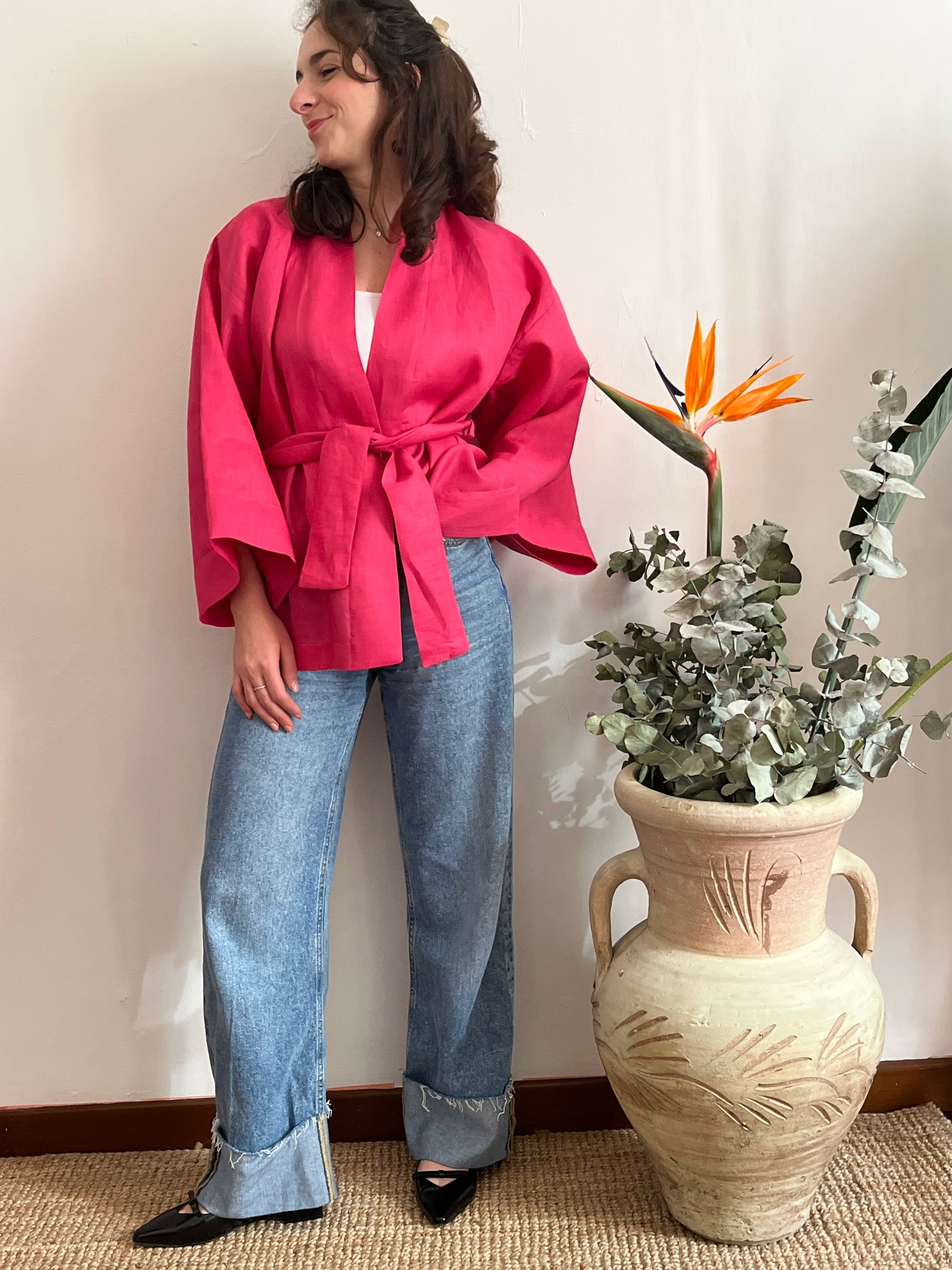 Kimono in lino Fucsia