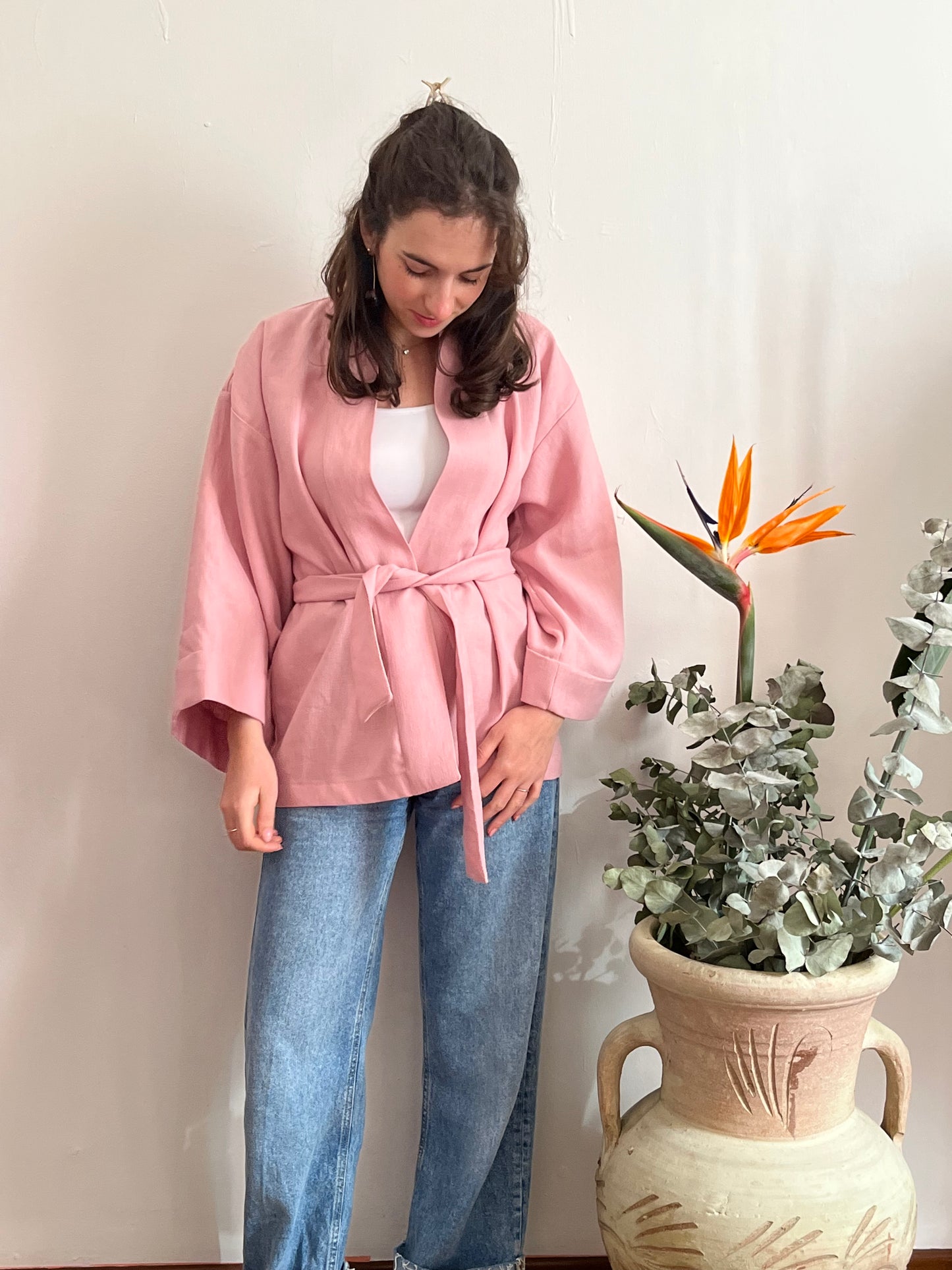 Kimono in lino Rosa Pastello