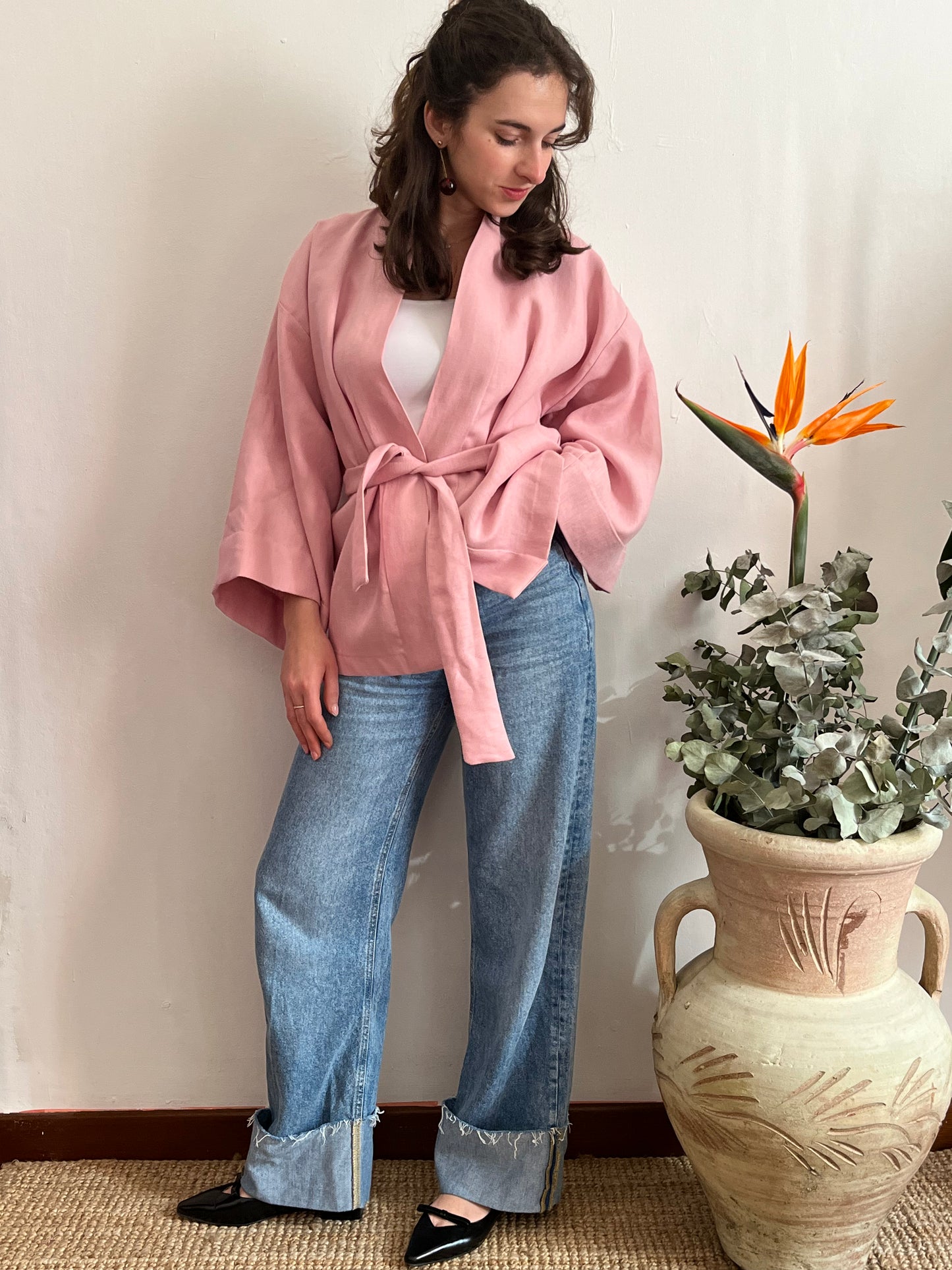 Kimono in lino Rosa Pastello