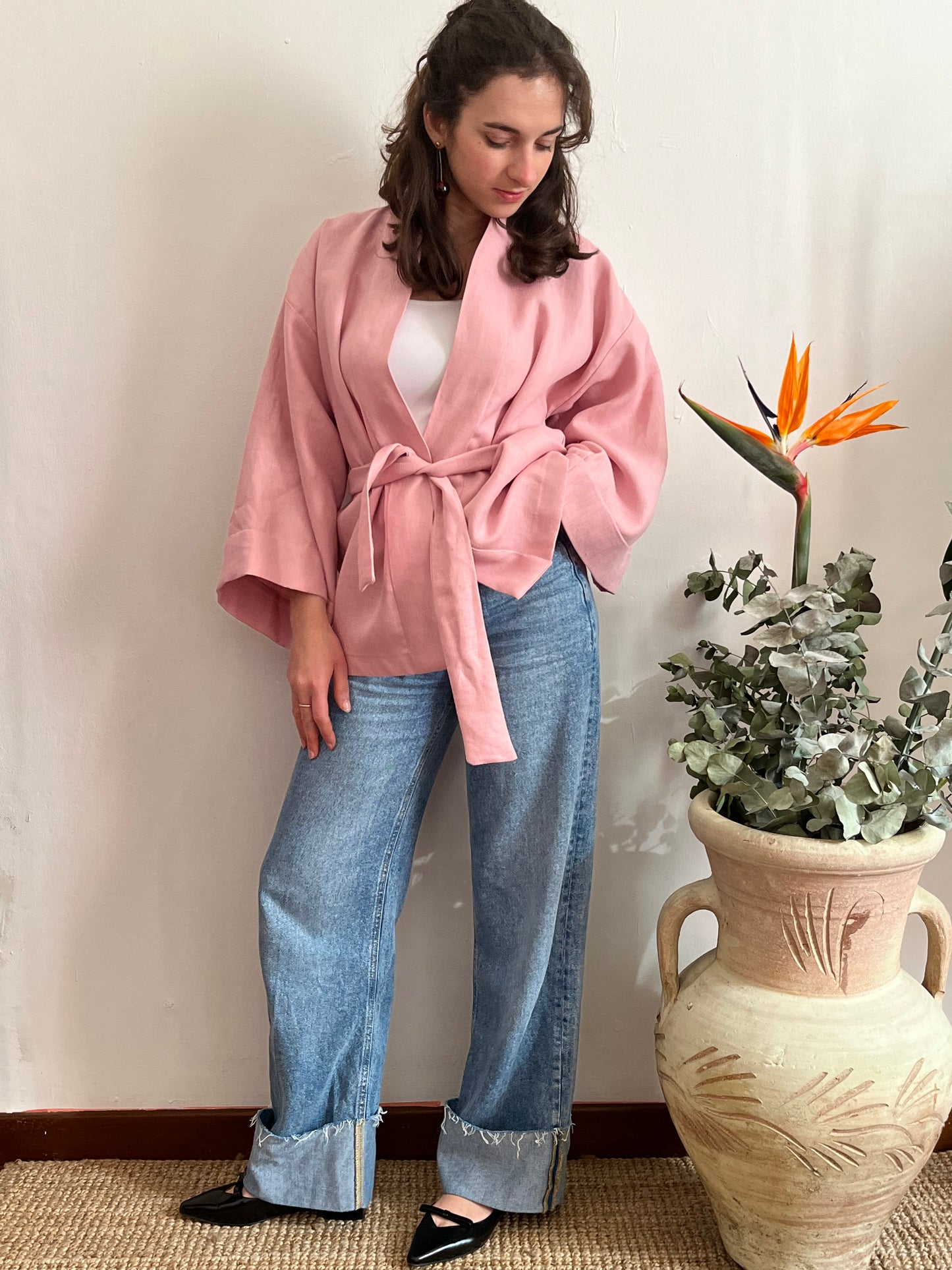 Kimono in lino Rosa Pastello