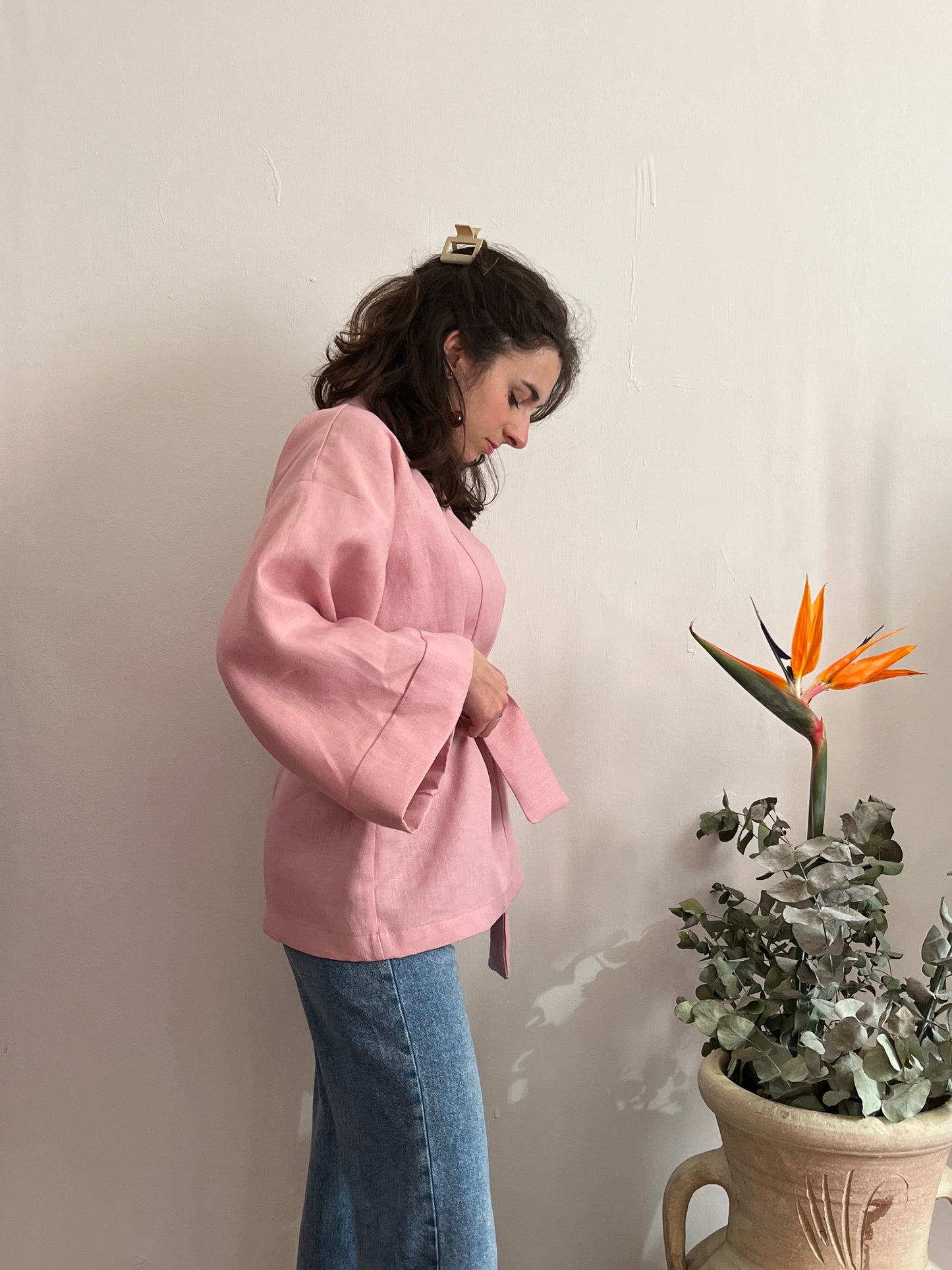 Kimono in lino Rosa Pastello