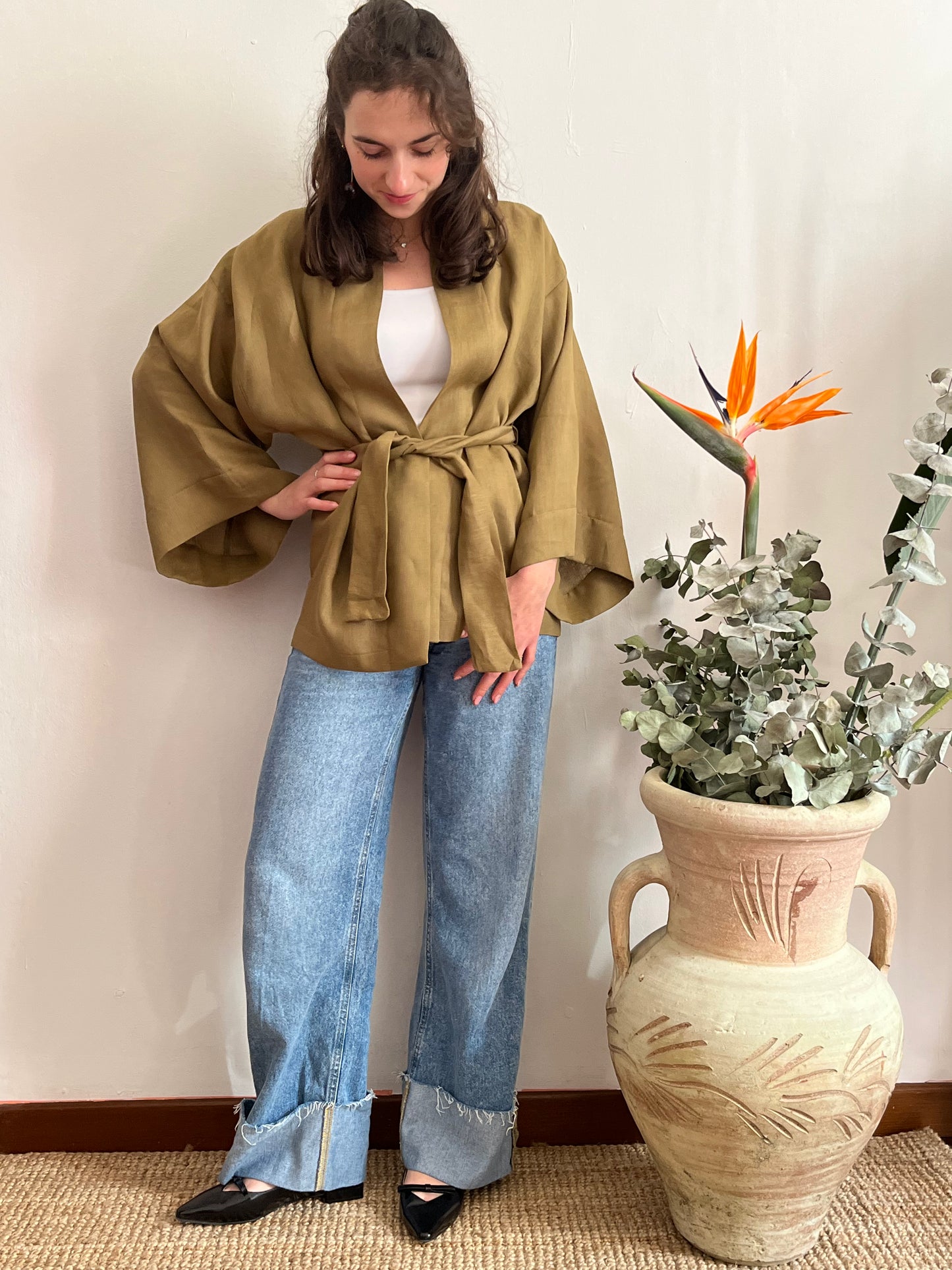 Kimono in lino Verde Oliva