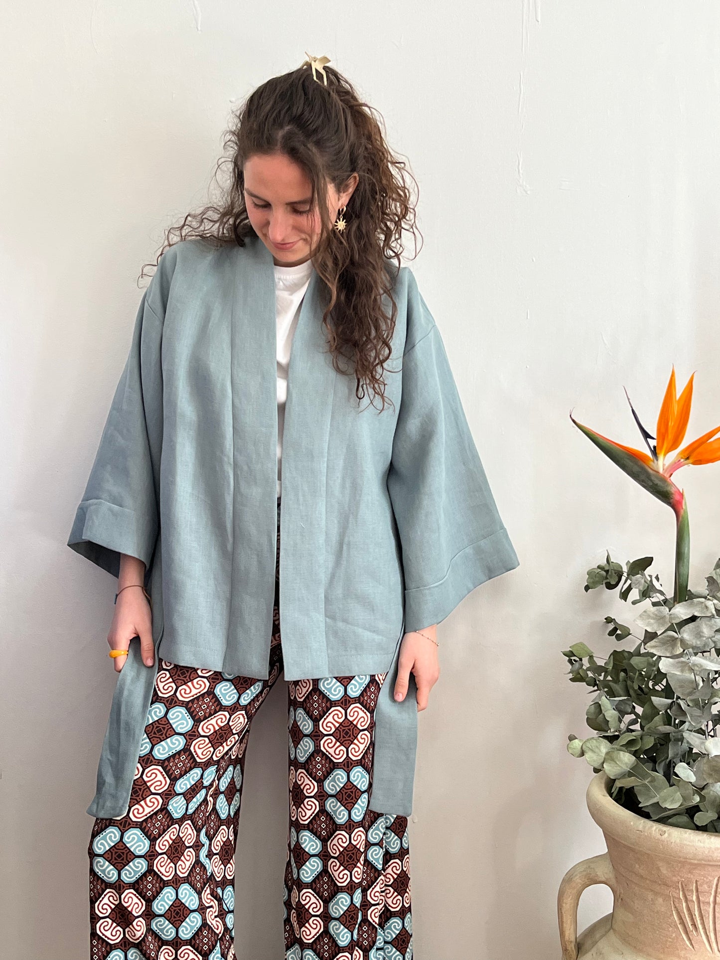 Kimono in lino Azzurro Pastello