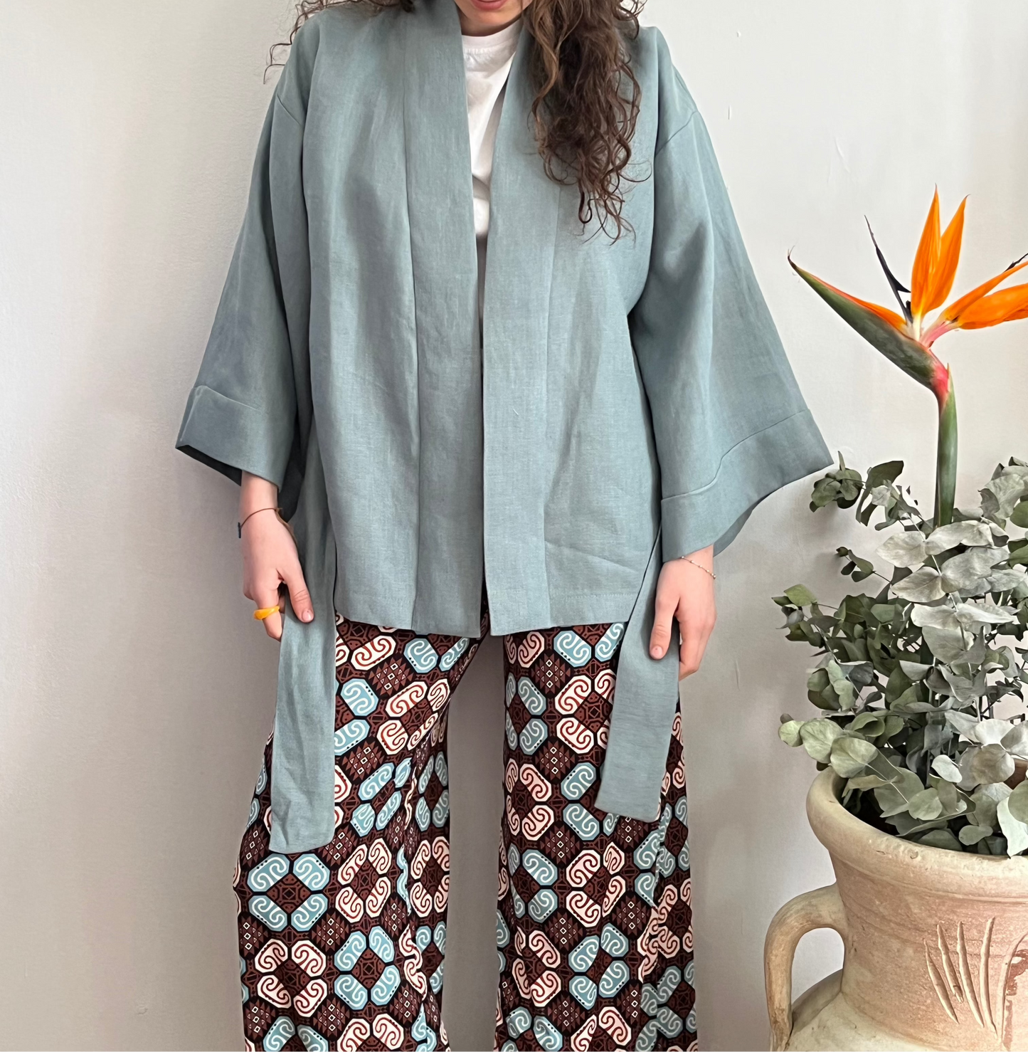 Kimono in lino Azzurro Pastello