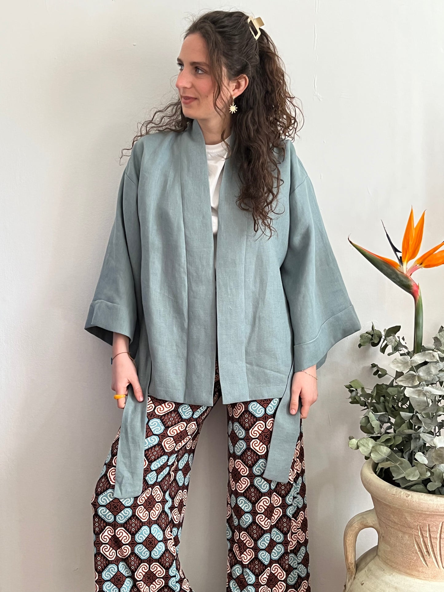Kimono in lino Azzurro Pastello