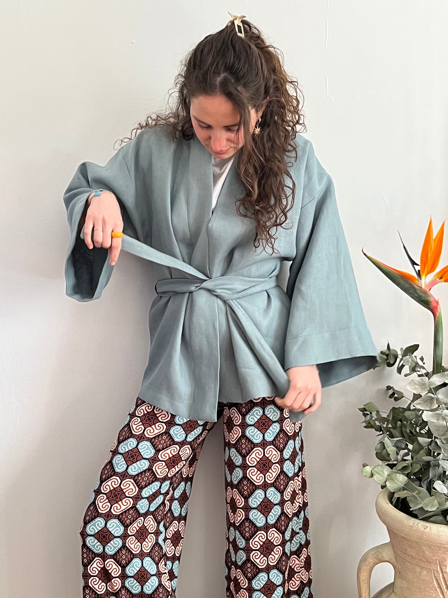 Kimono in lino Azzurro Pastello