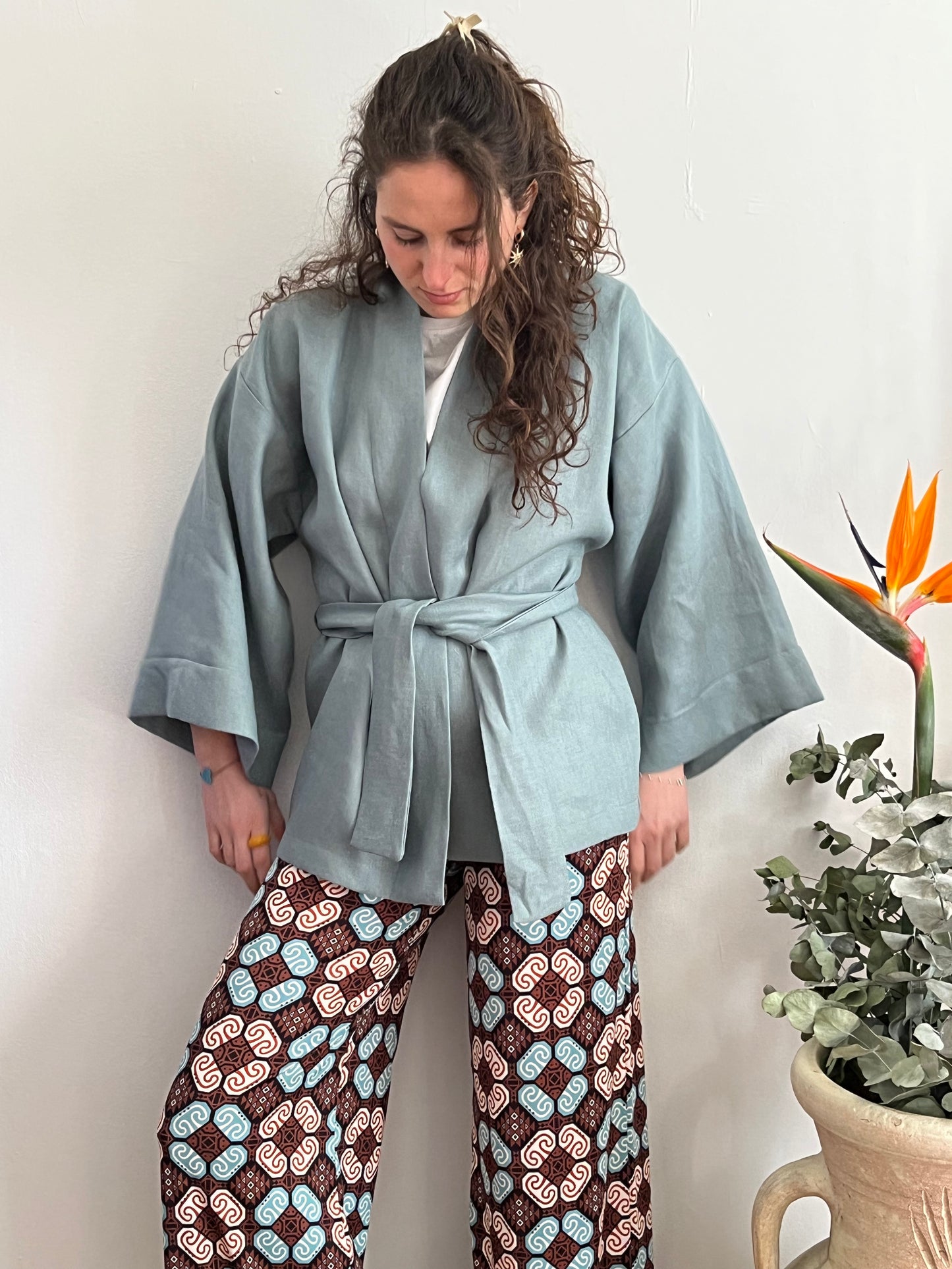 Kimono in lino Azzurro Pastello