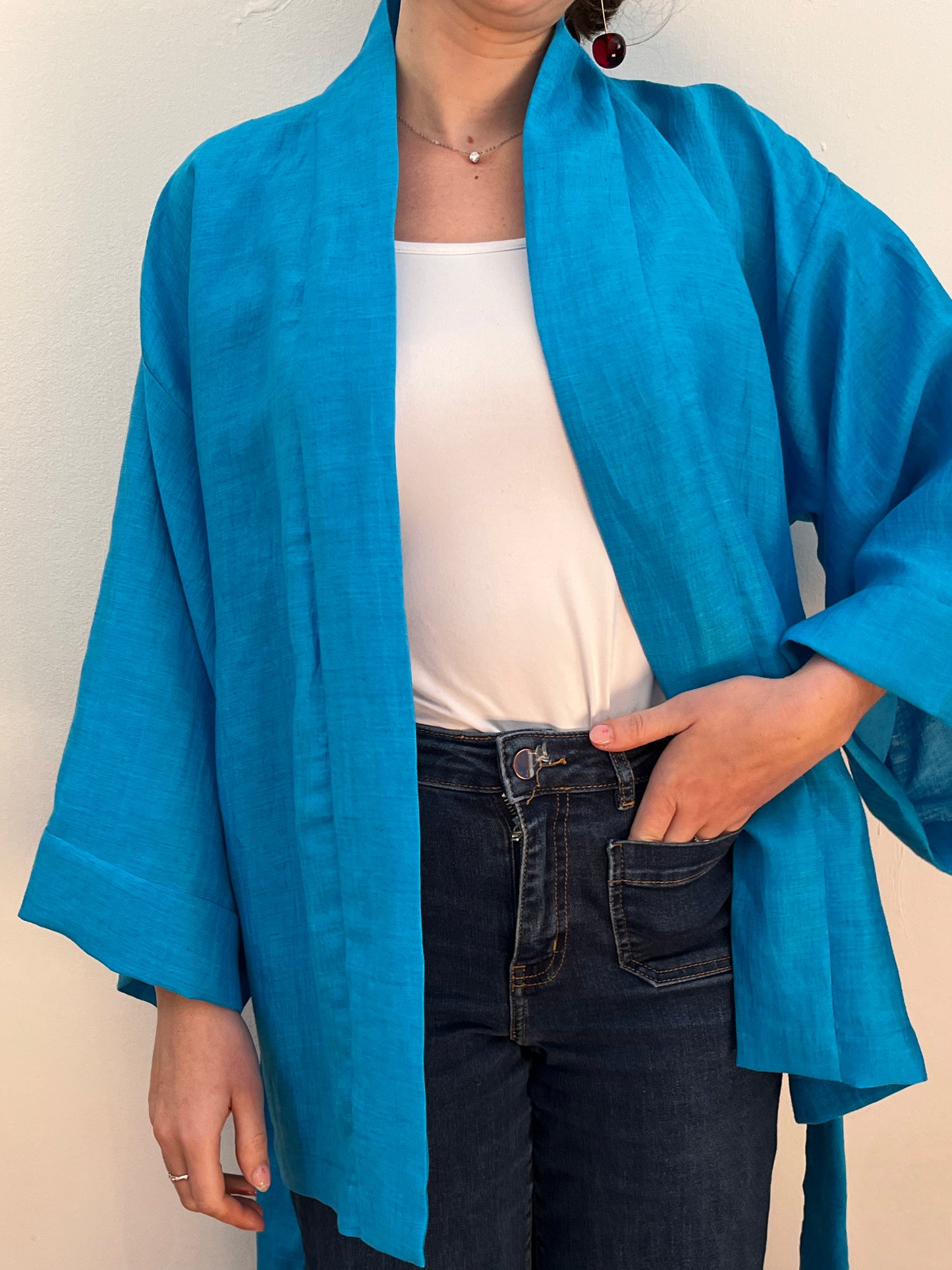 Kimono in lino Azzurro Ciano