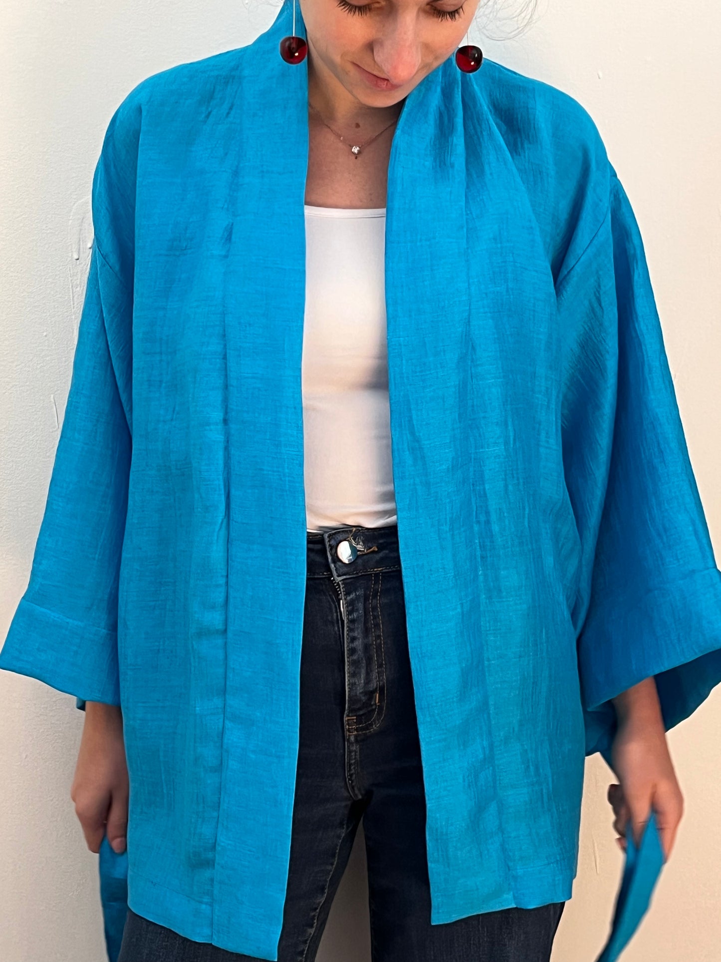 Kimono in lino Azzurro Ciano