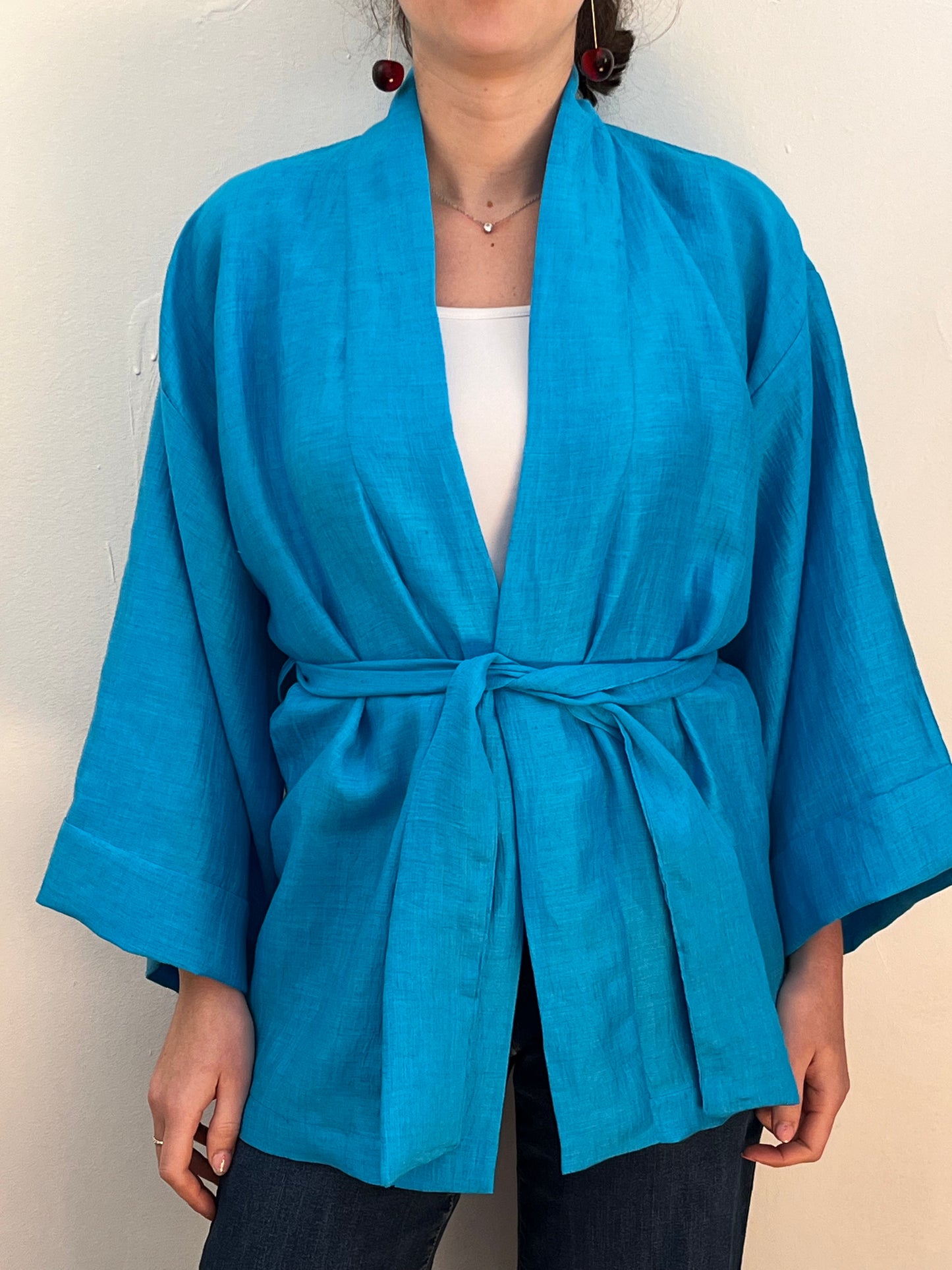 Kimono in lino Azzurro Ciano