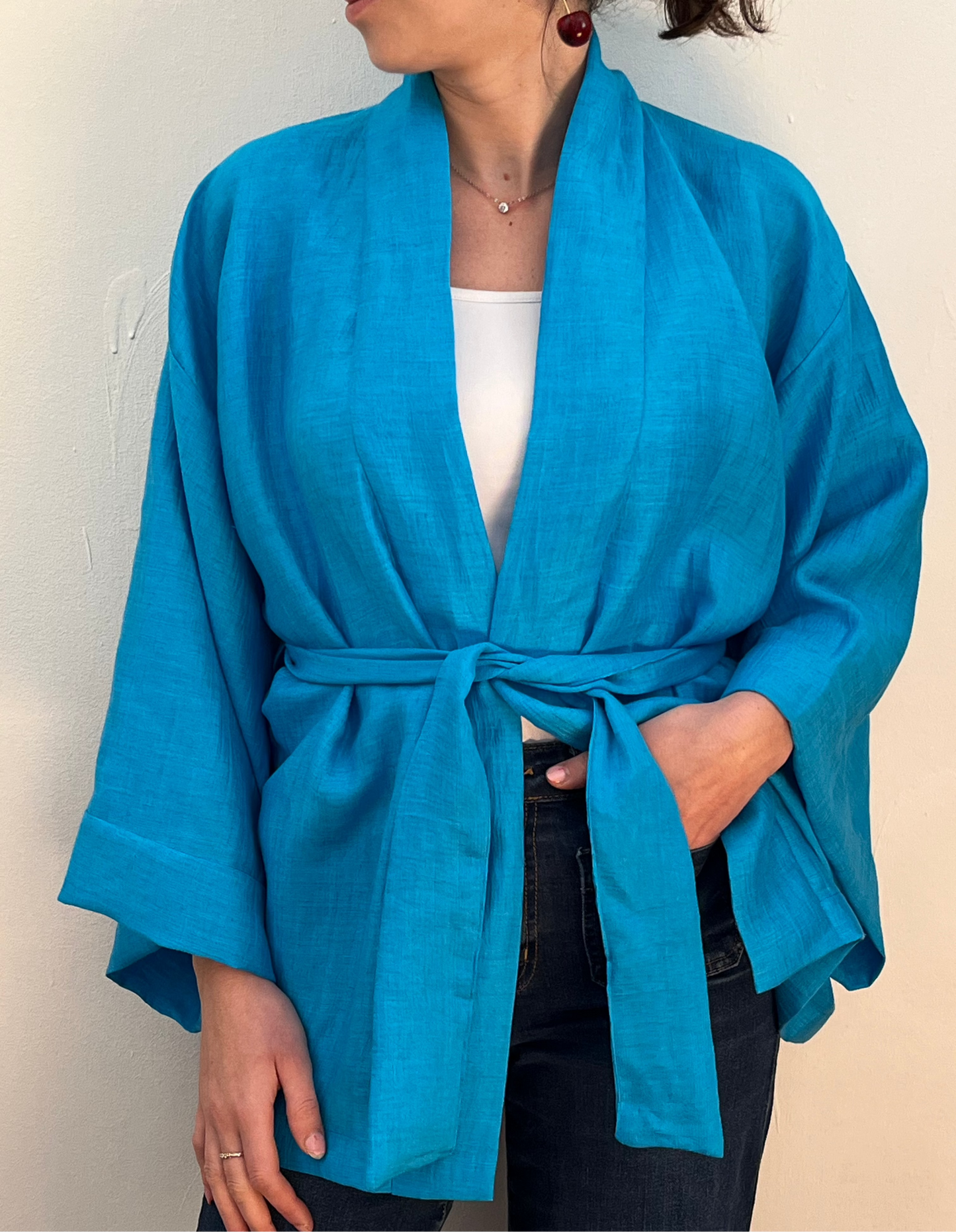 Kimono in lino Azzurro Ciano