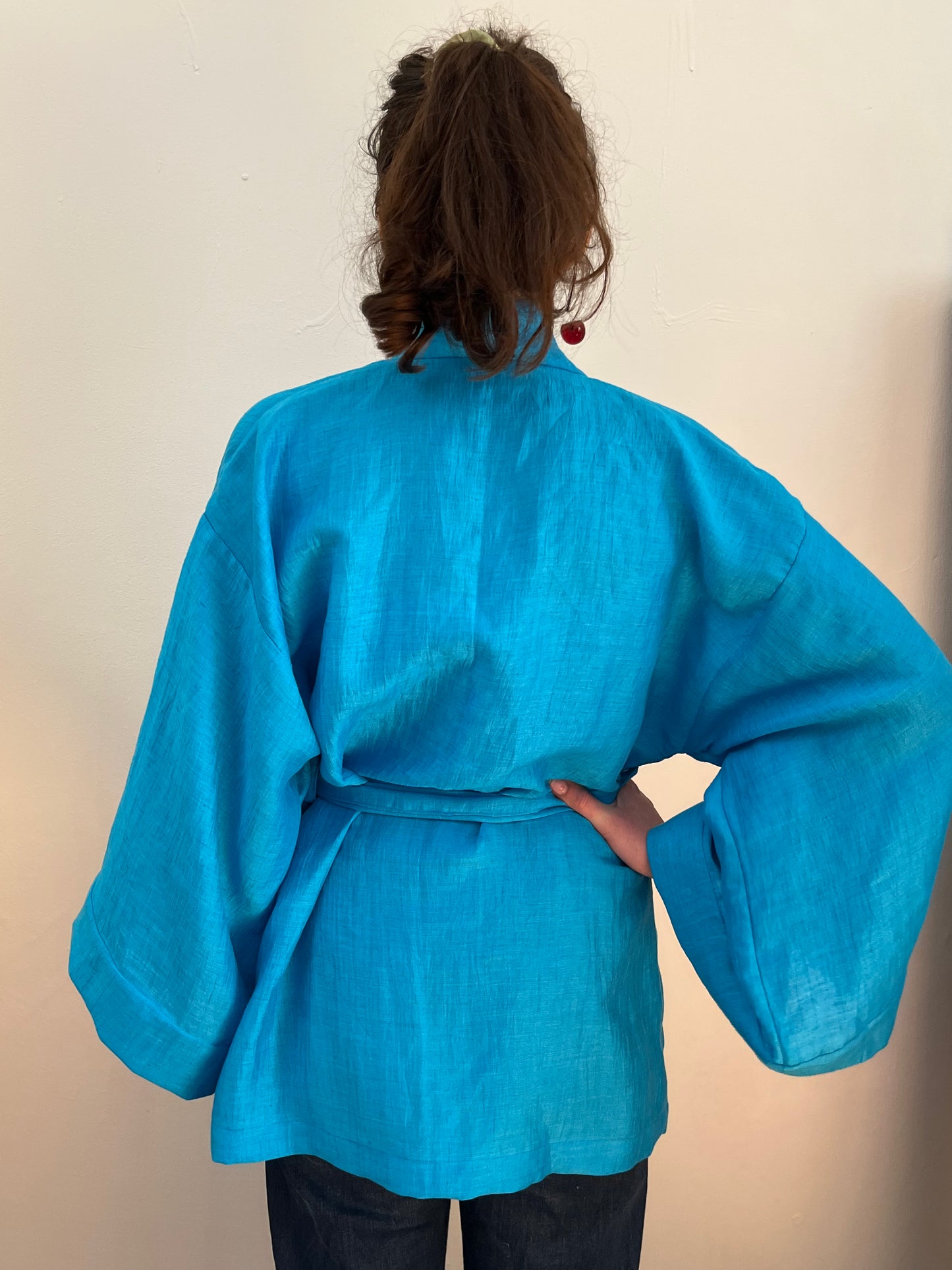 Kimono in lino Azzurro Ciano