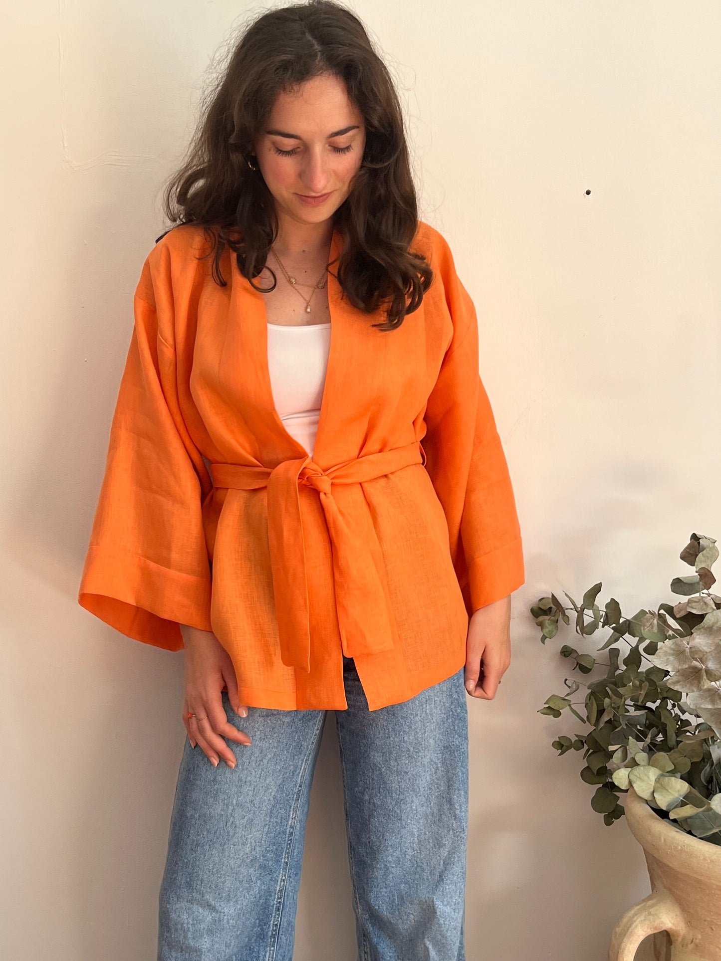 Kimono in lino papaya
