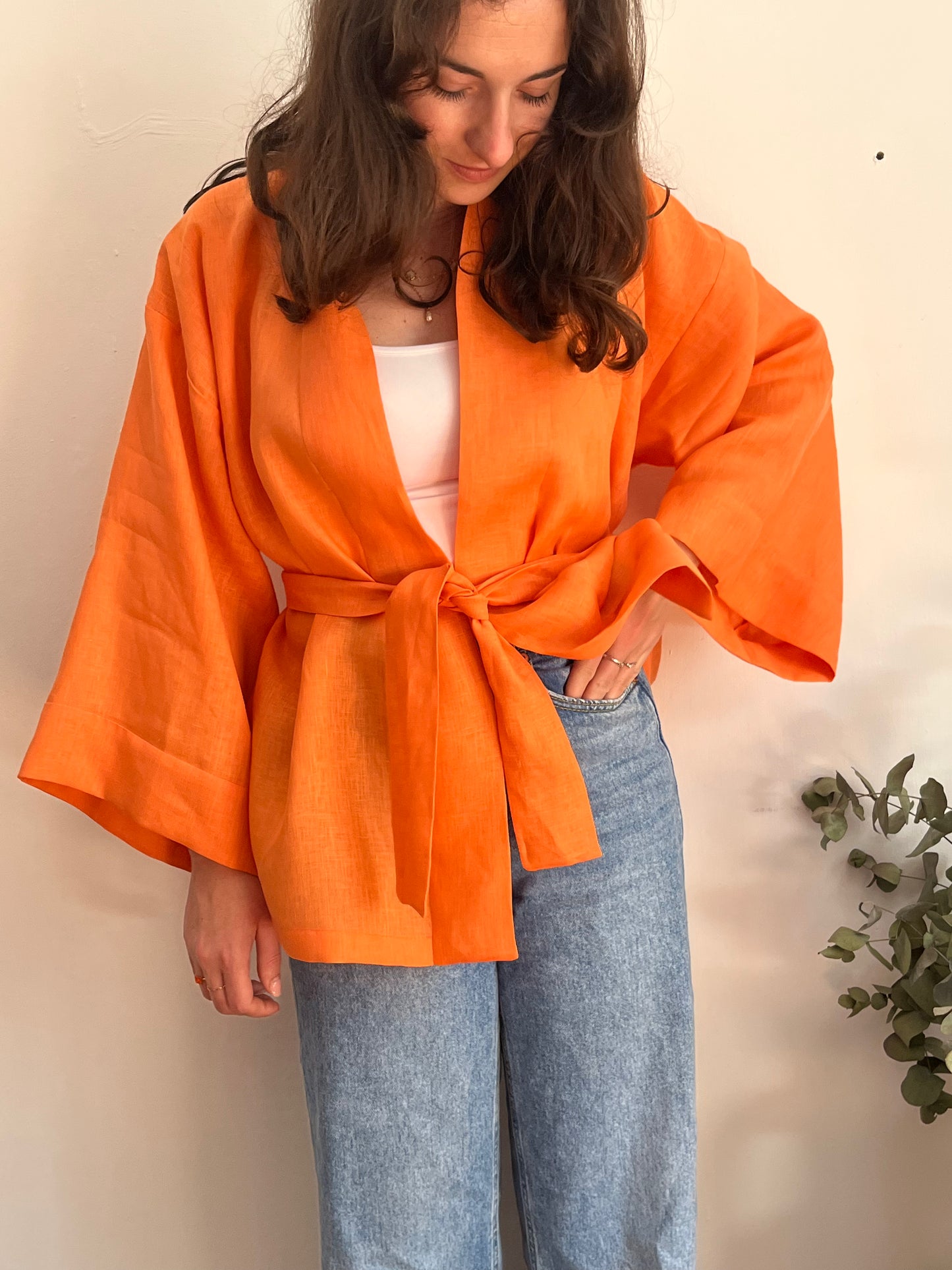 Kimono in lino papaya