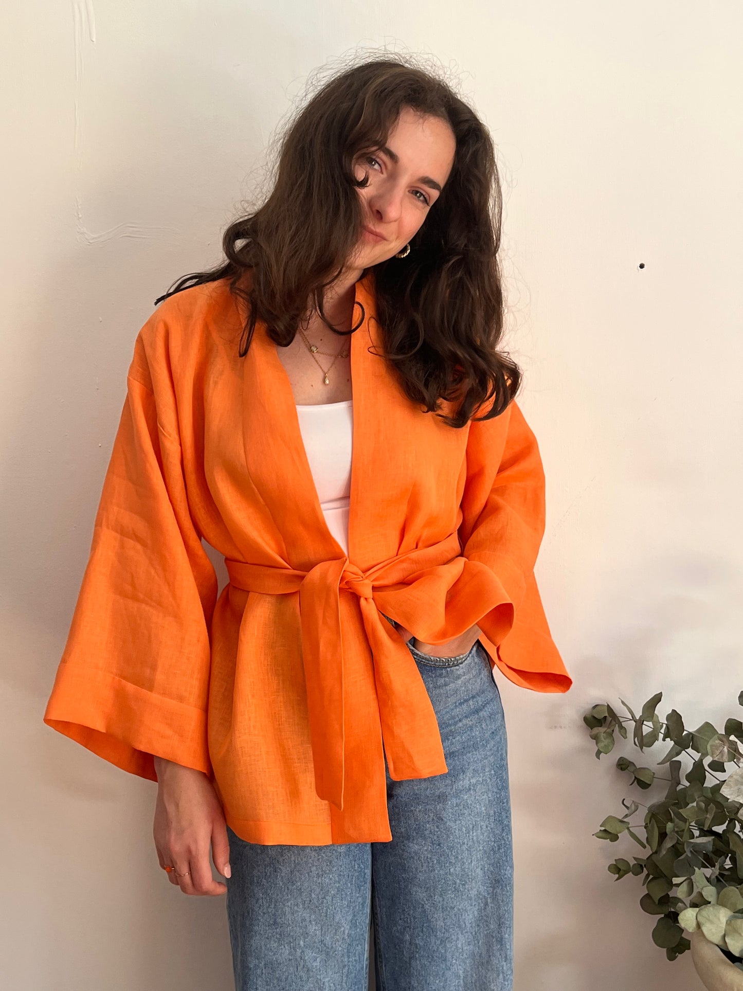 Kimono in lino papaya