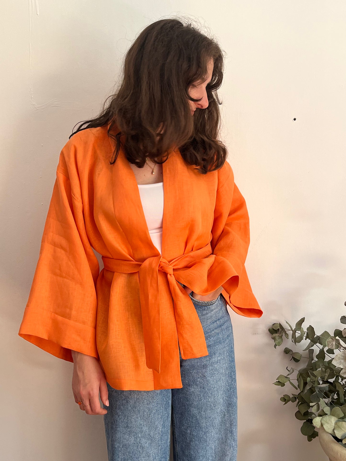 Kimono in lino papaya