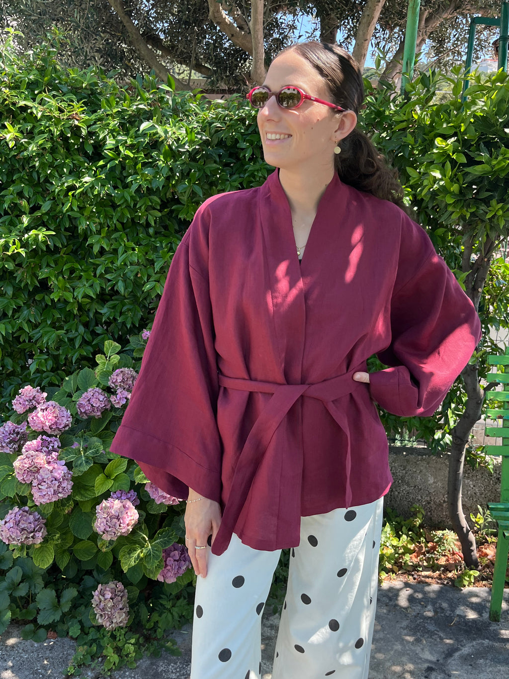 Kimono in lino borgogna