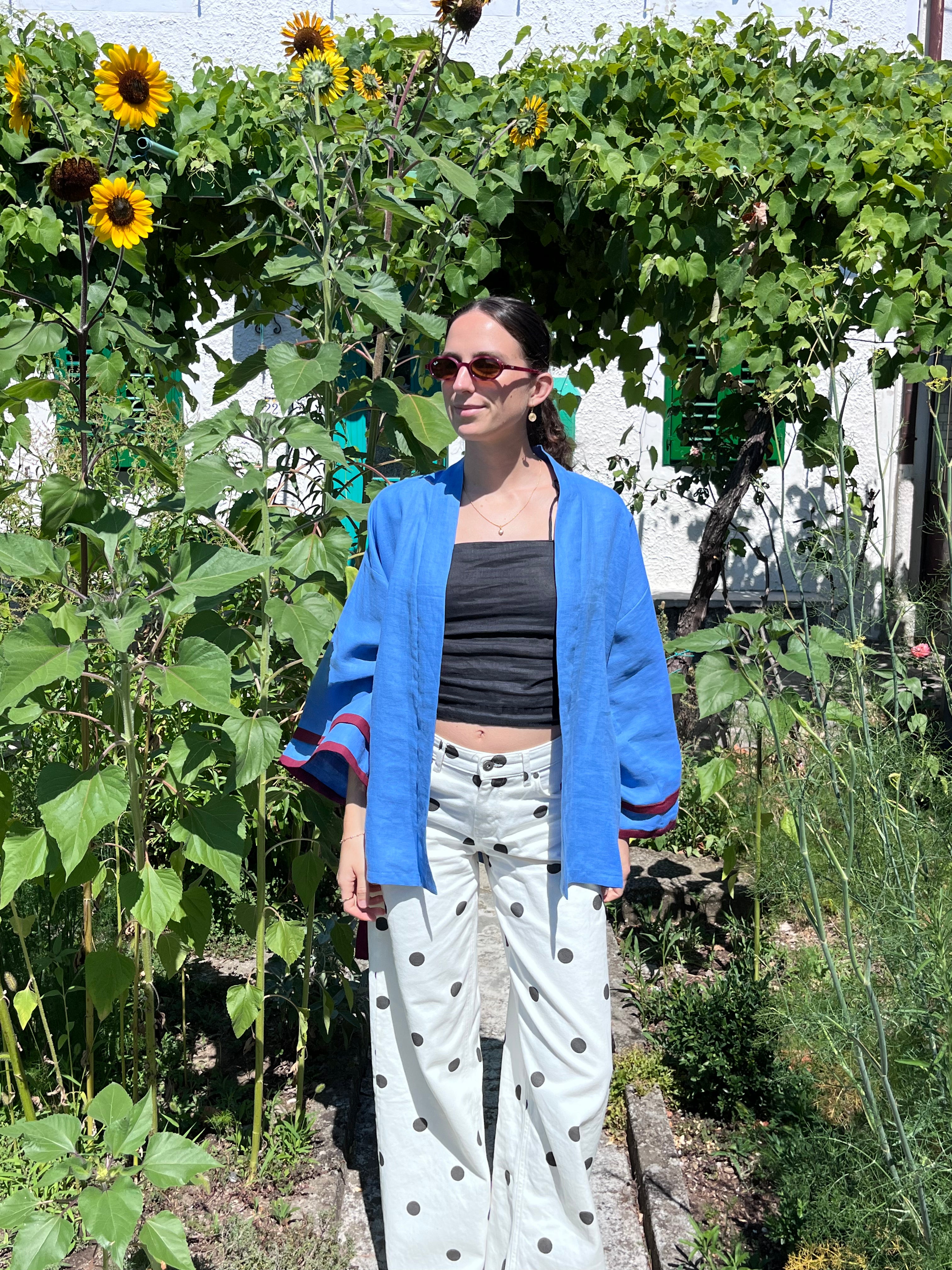 Kimono in lino azzurro e bordeaux