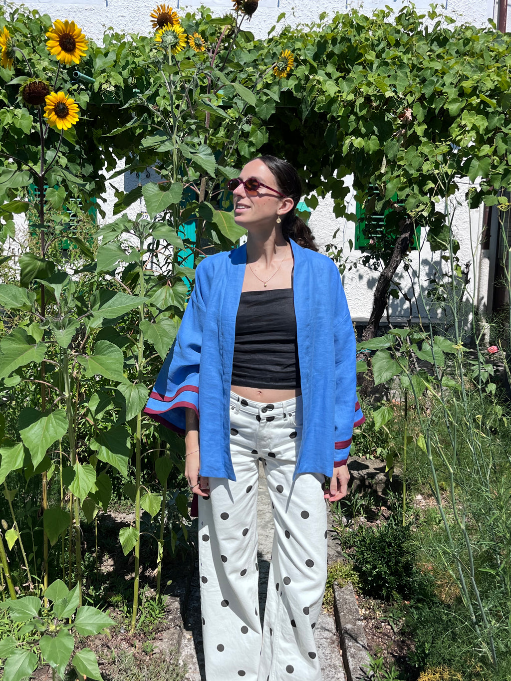 Kimono in lino azzurro e bordeaux