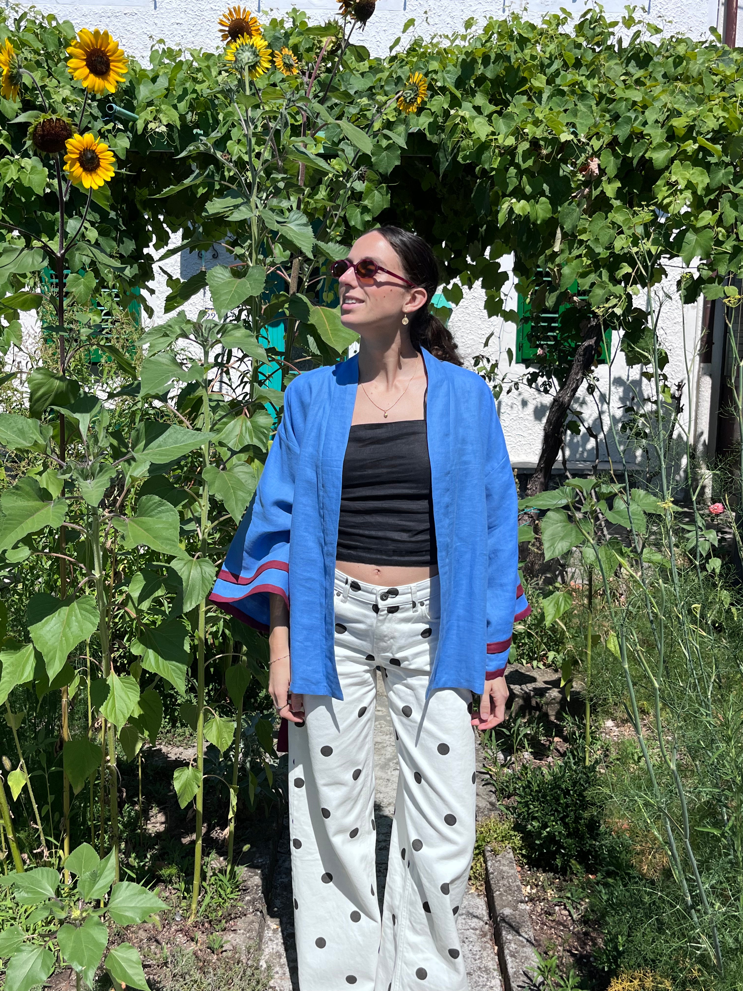 Kimono in lino azzurro e bordeaux