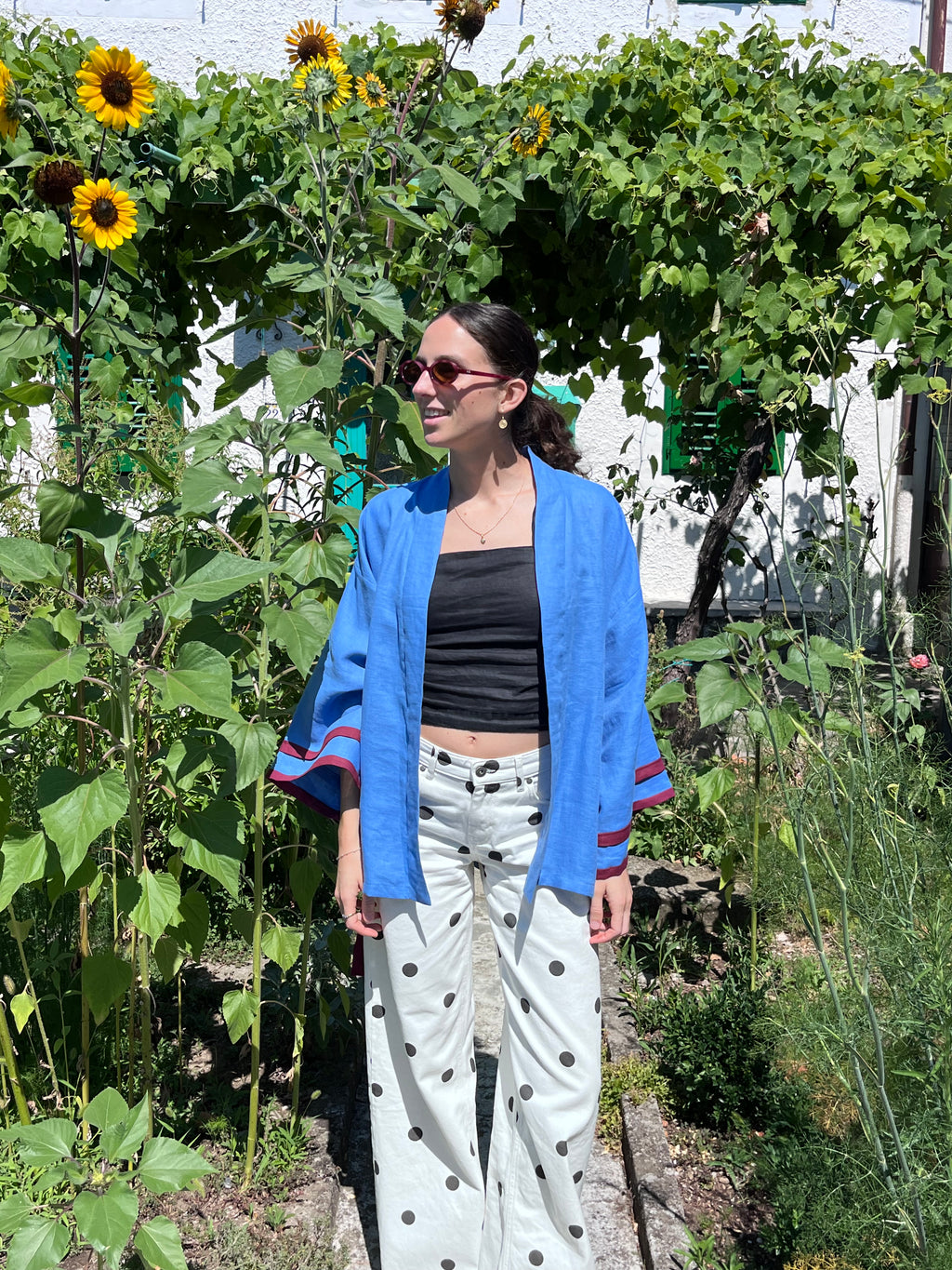 Kimono in lino azzurro e bordeaux