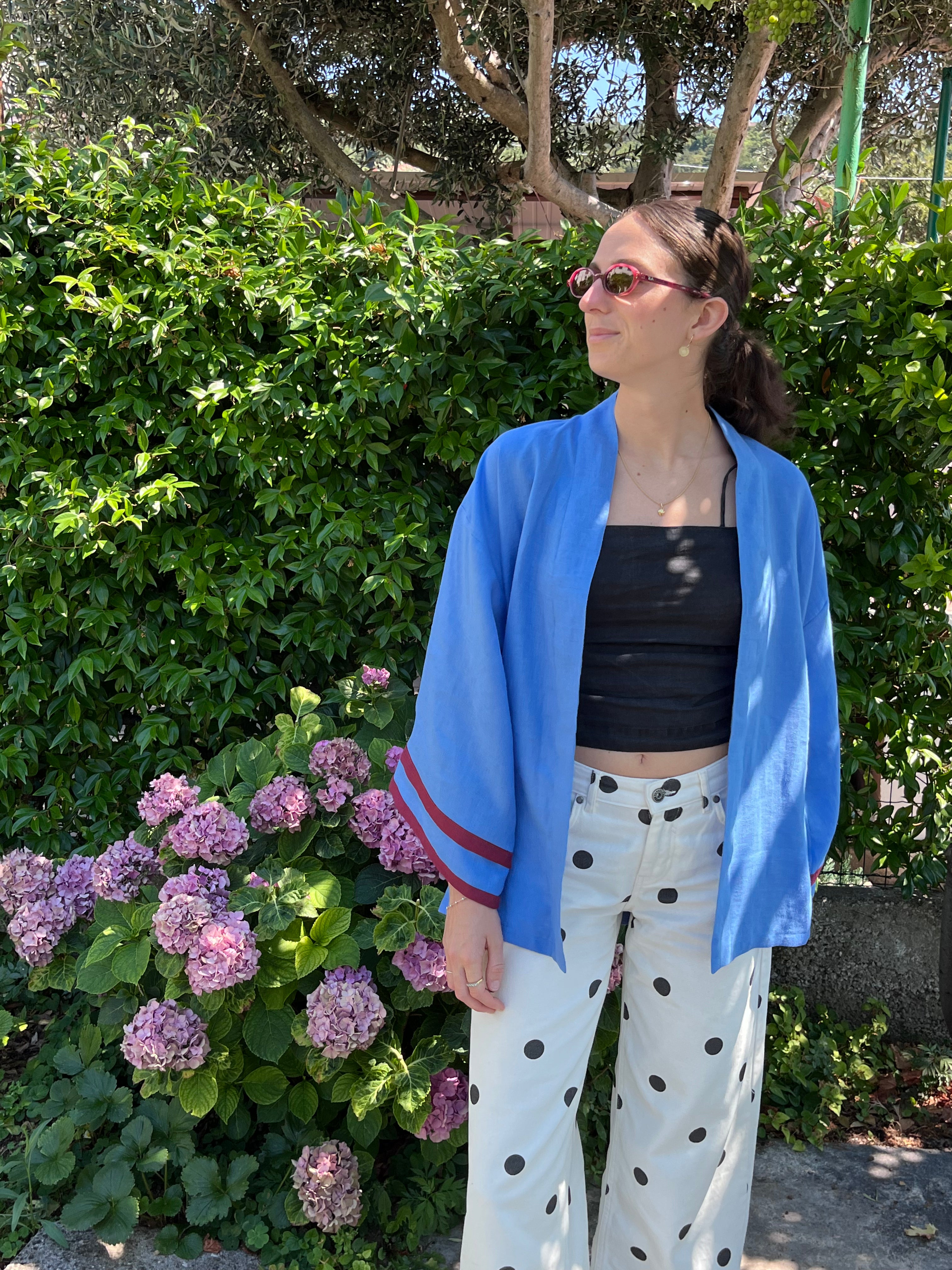 Kimono in lino azzurro e bordeaux