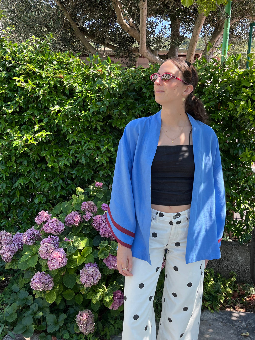 Kimono in lino azzurro e bordeaux