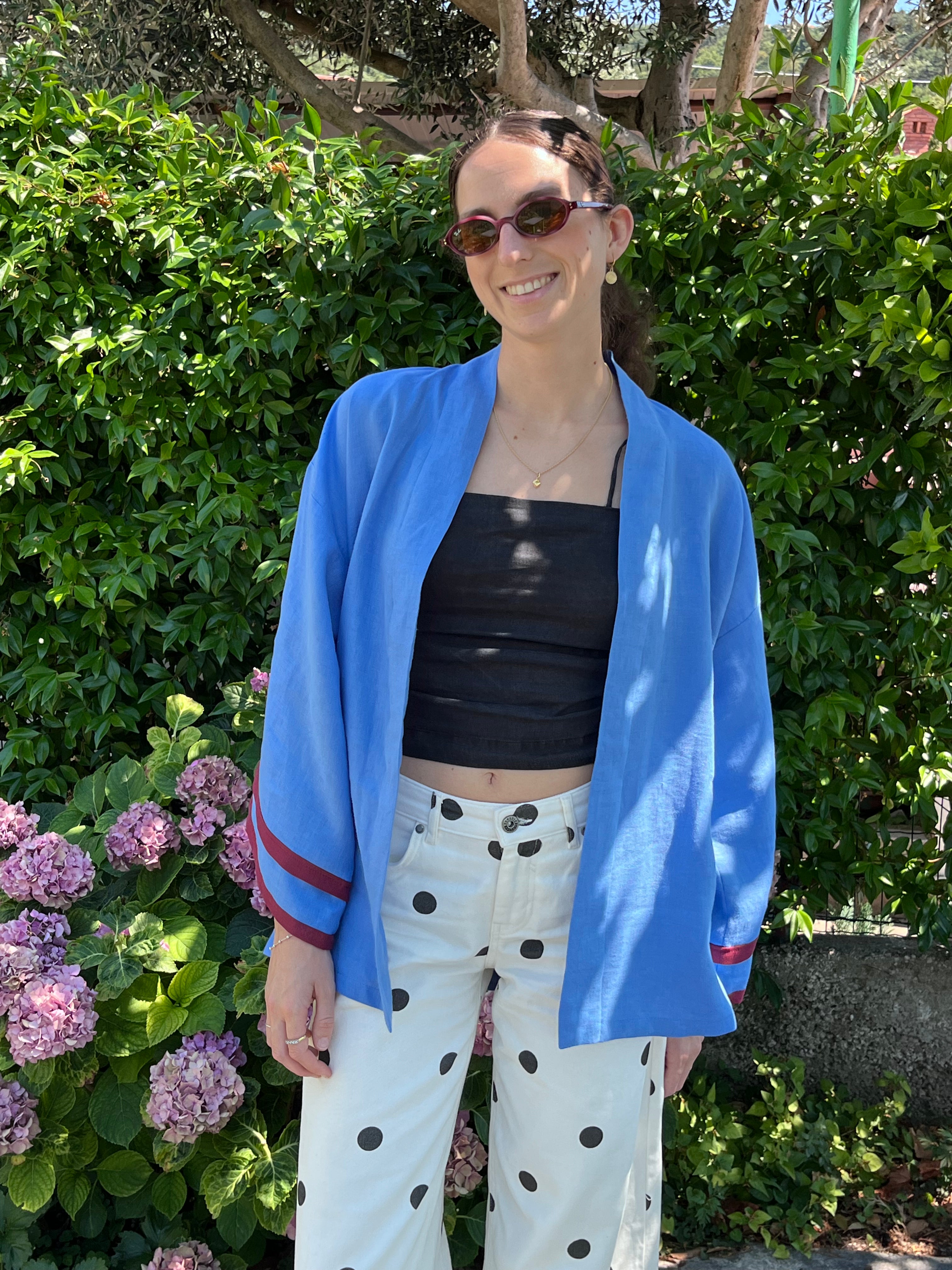 Kimono in lino azzurro e bordeaux