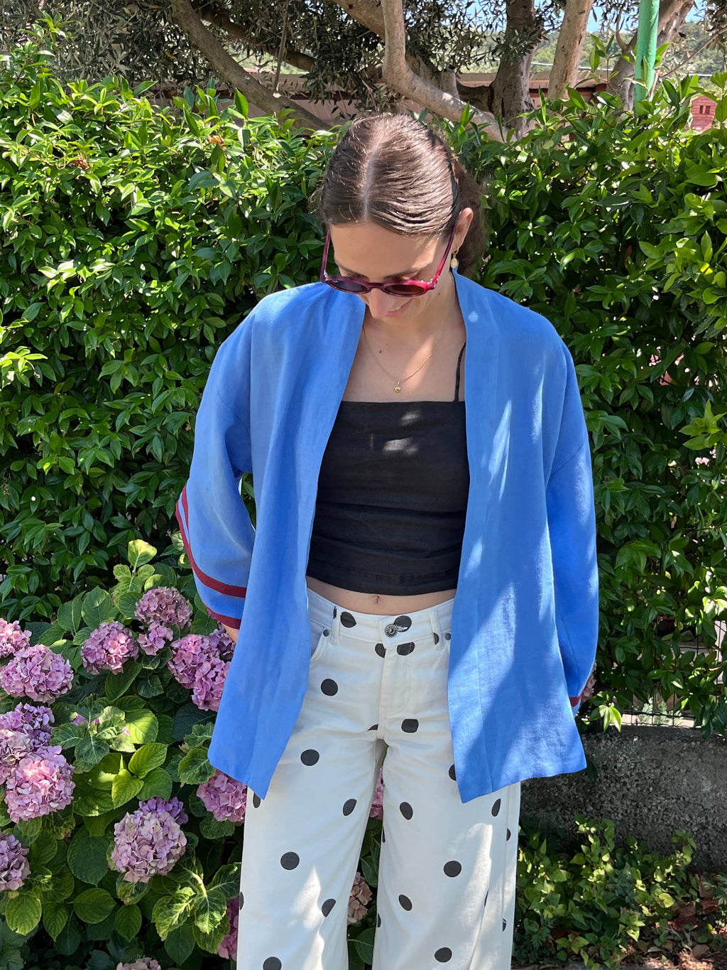 Kimono in lino azzurro e bordeaux