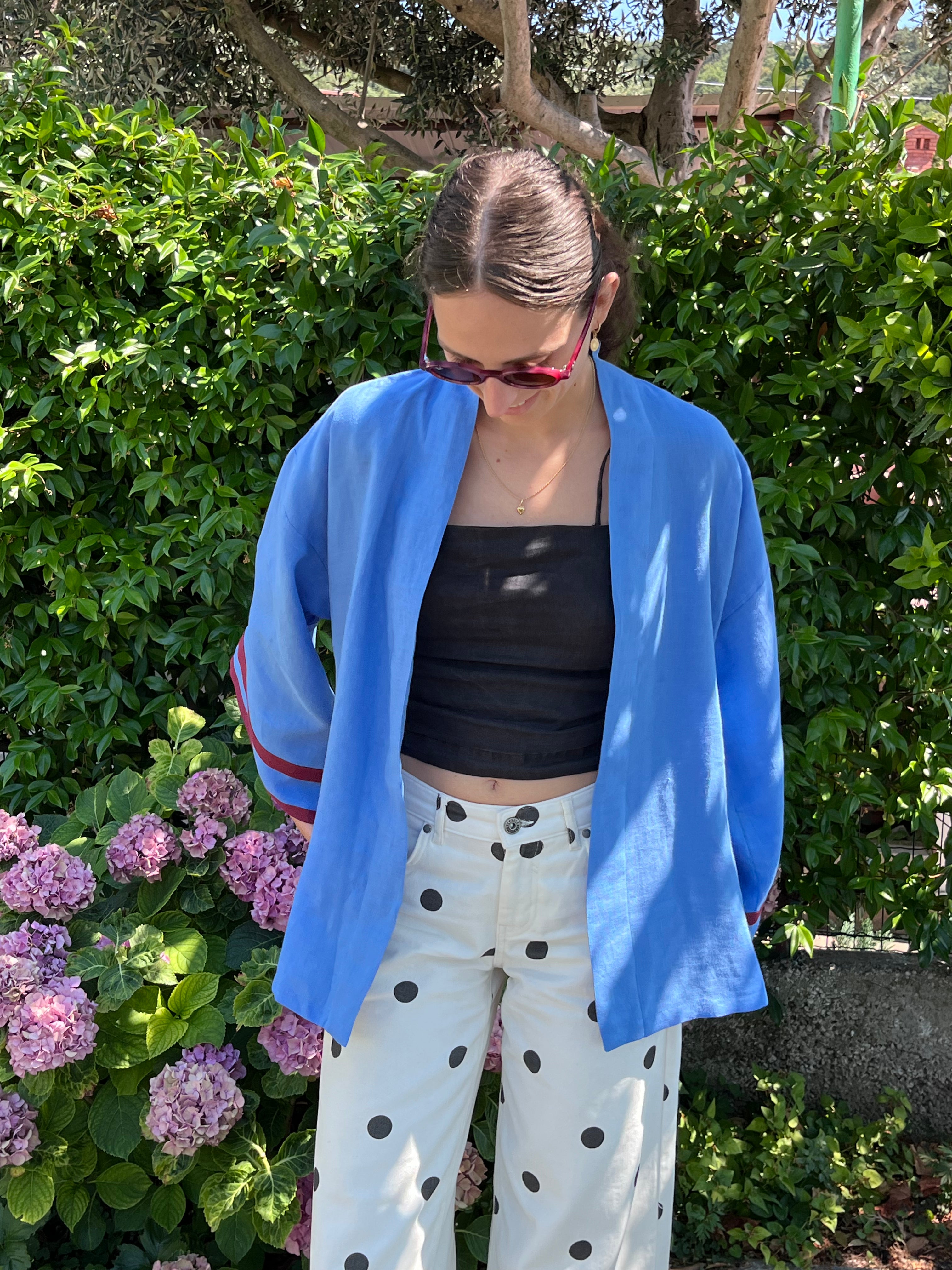 Kimono in lino azzurro e bordeaux