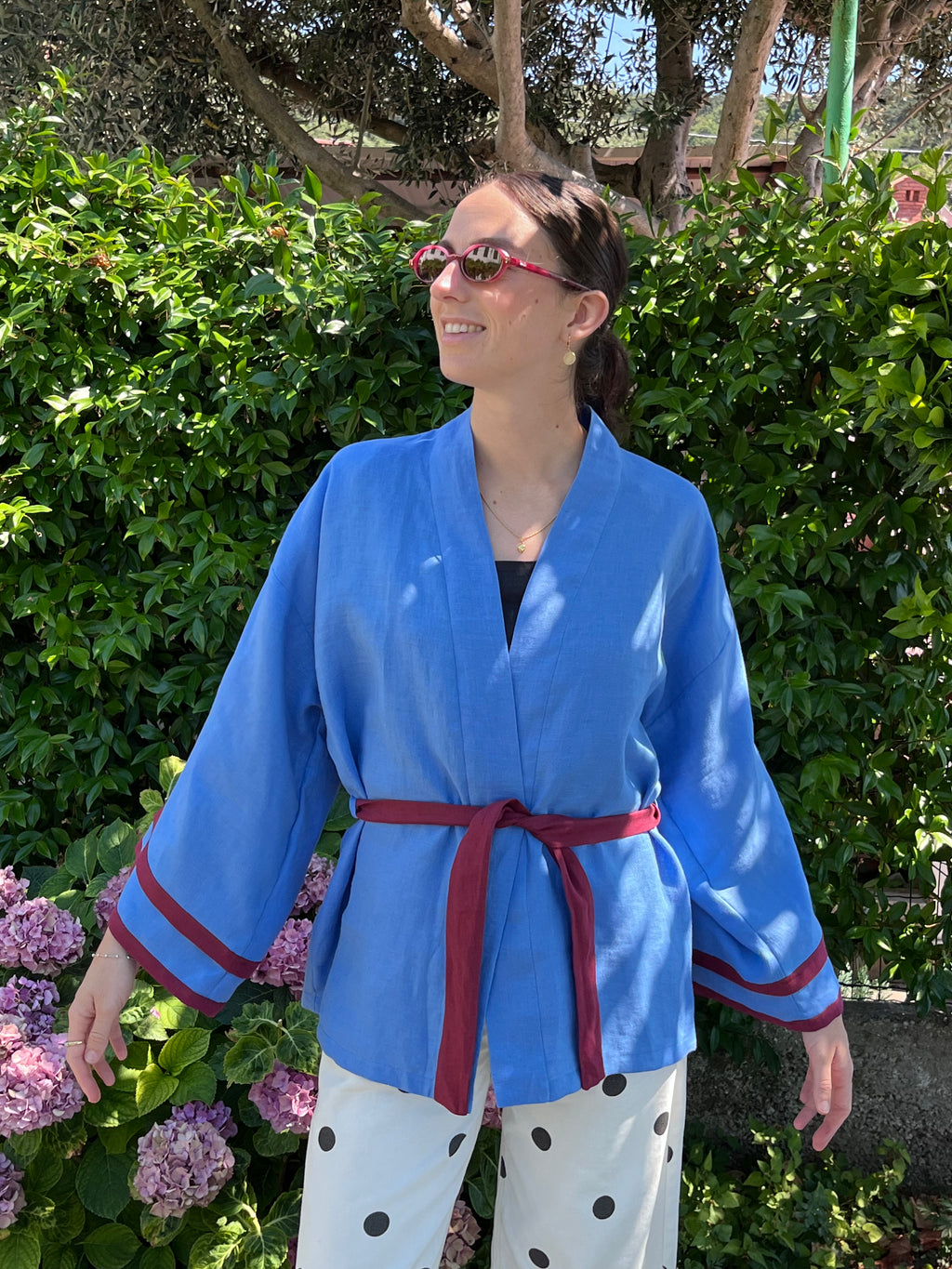 Kimono in lino azzurro e bordeaux