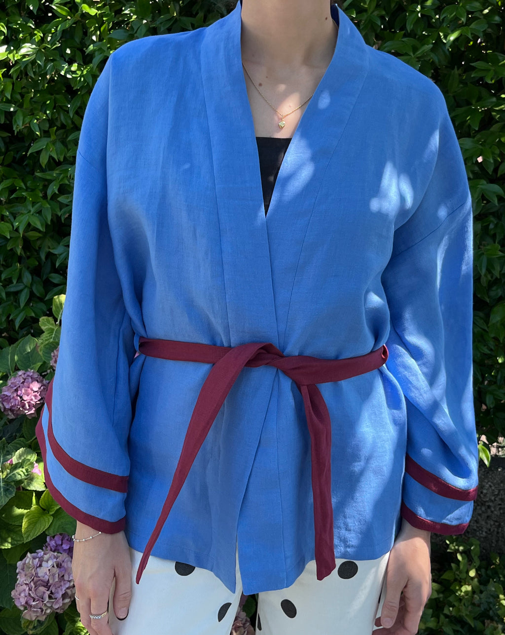 Kimono in lino azzurro e bordeaux