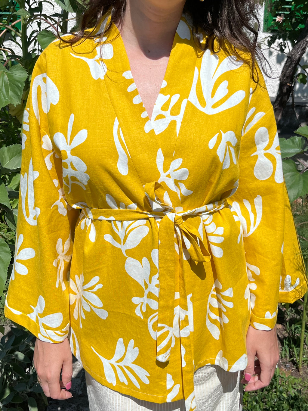 Kimono in lino giallo fantasia