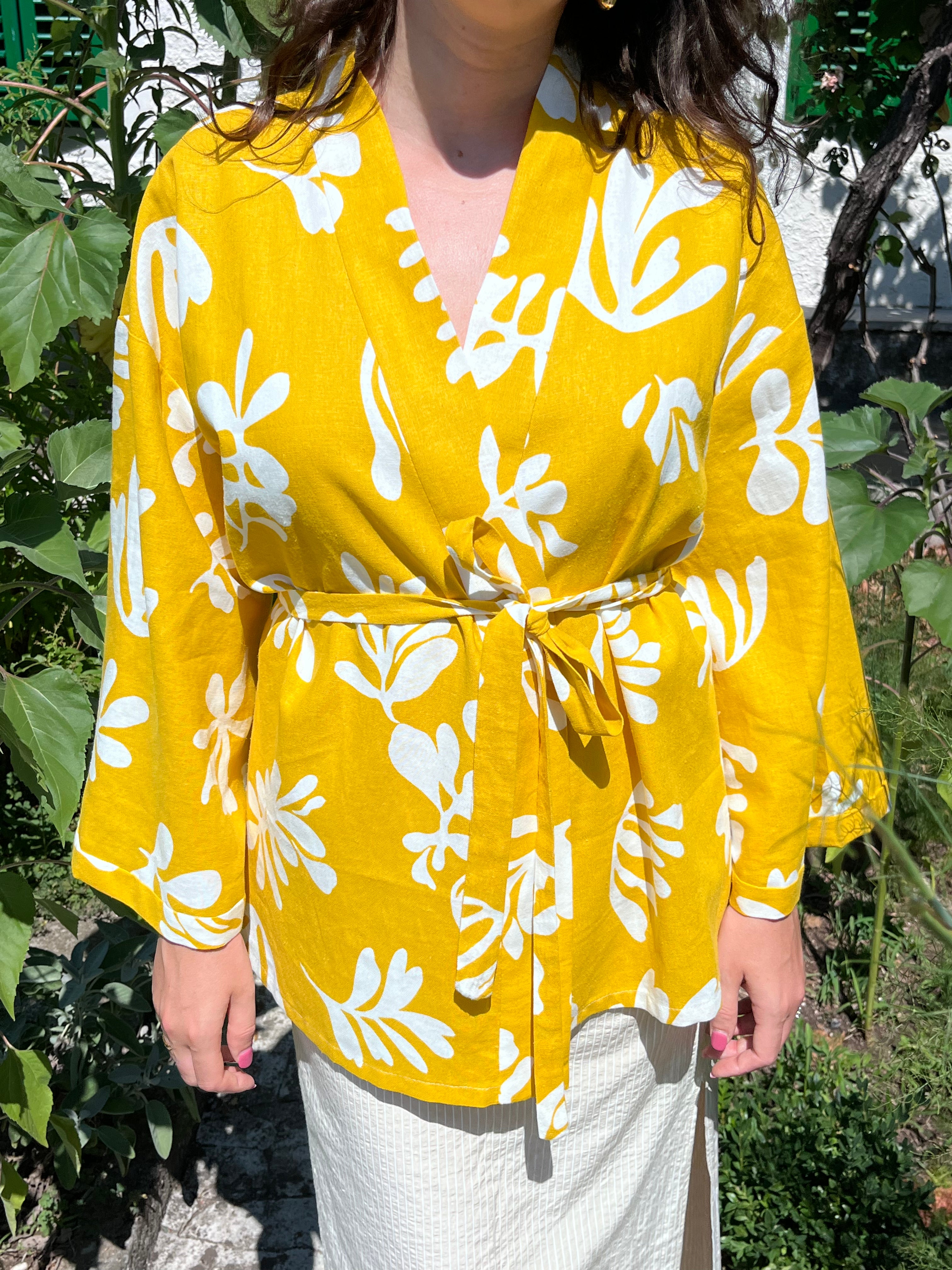 Kimono in lino giallo fantasia