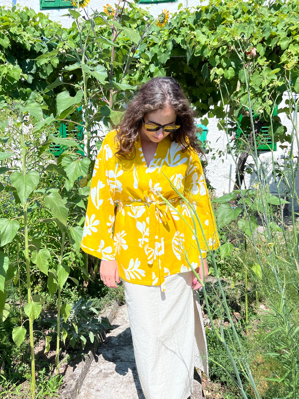 Kimono in lino giallo fantasia