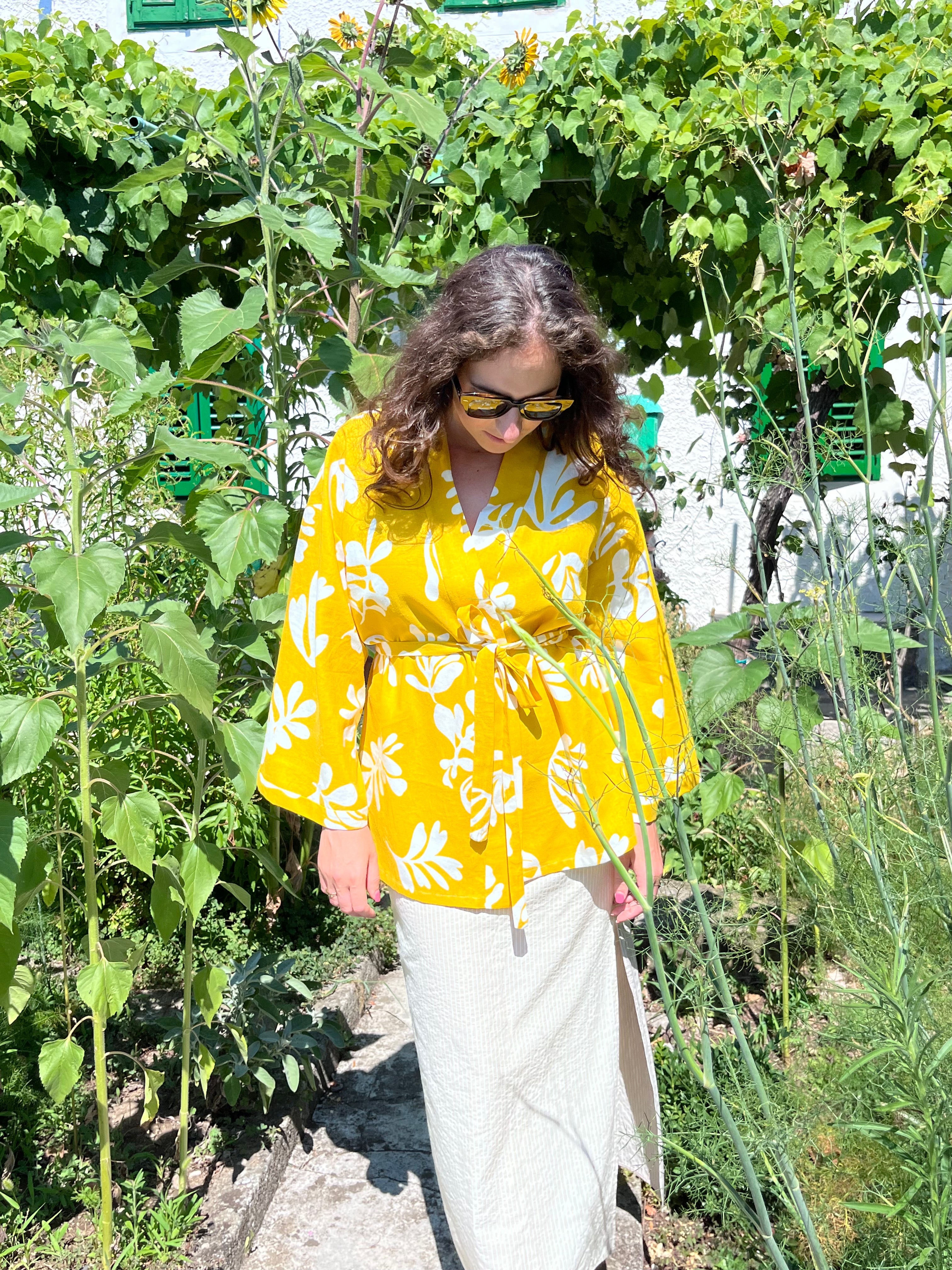 Kimono in lino giallo fantasia