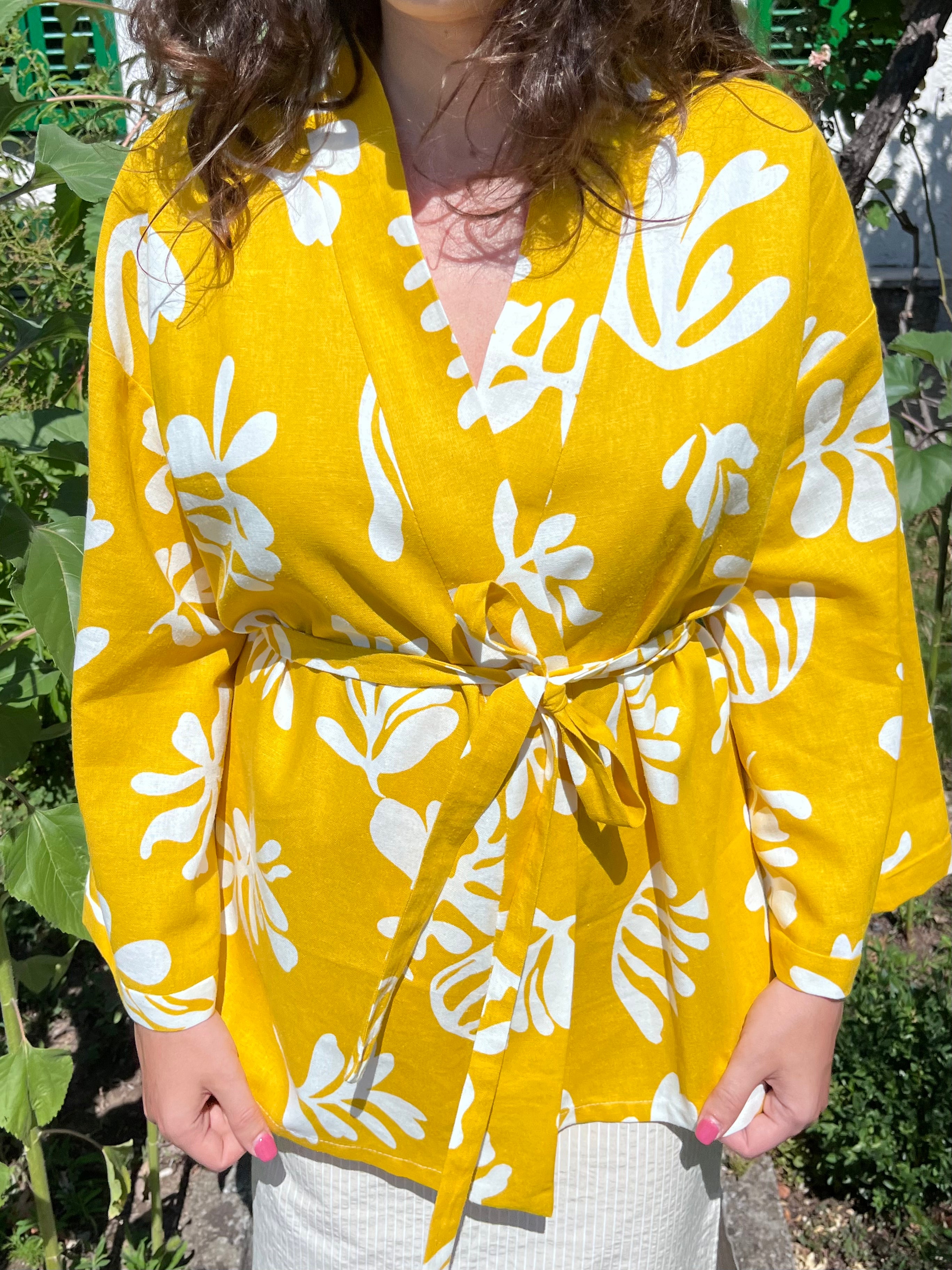 Kimono in lino giallo fantasia