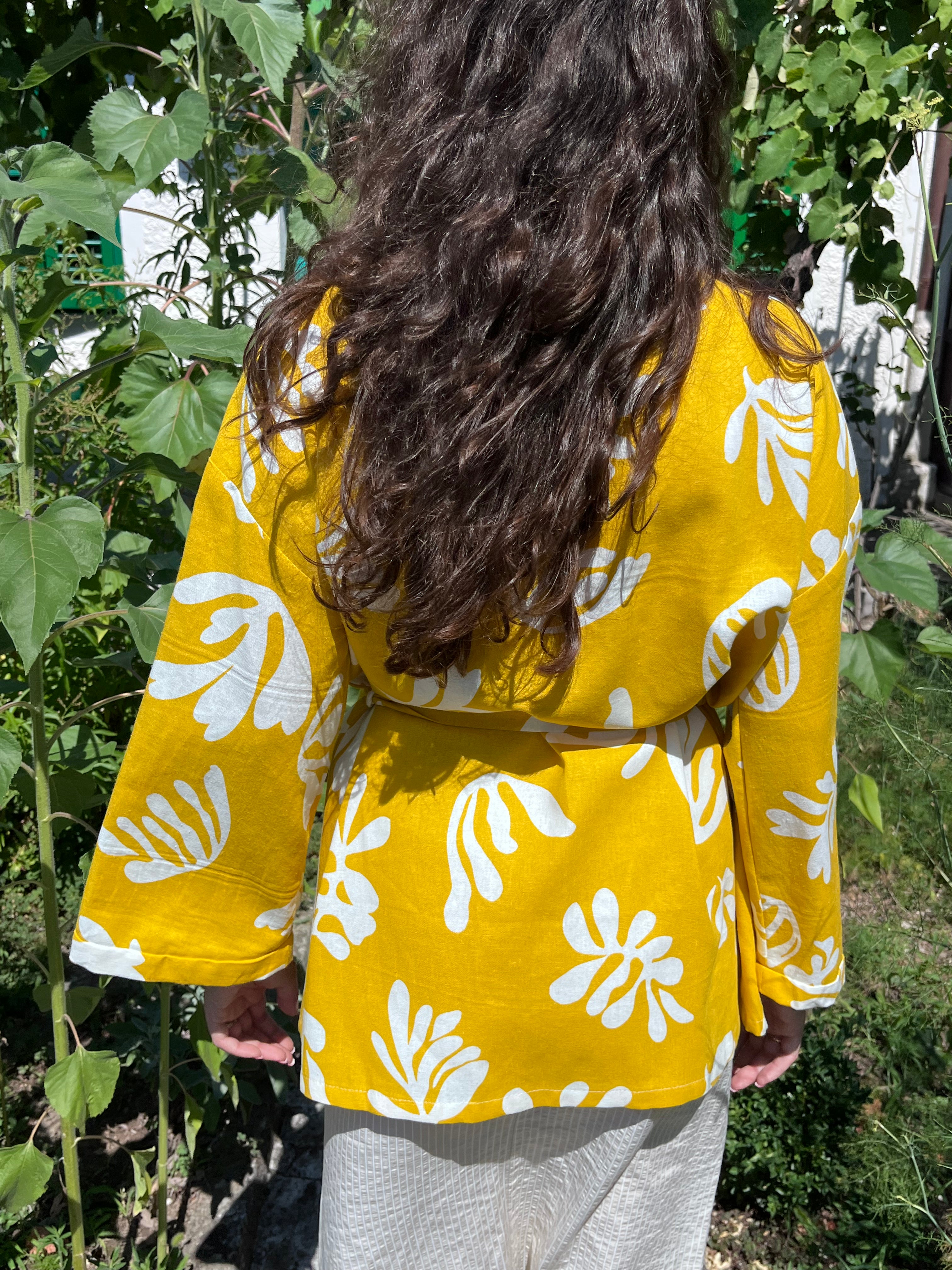 Kimono in lino giallo fantasia