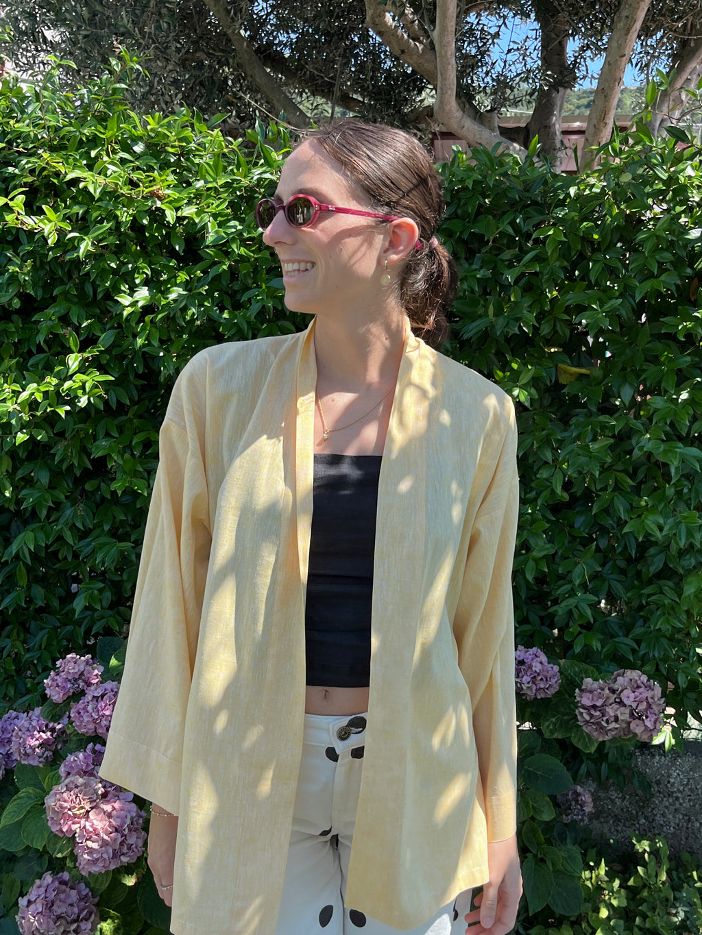 Kimono in lino giallo burro