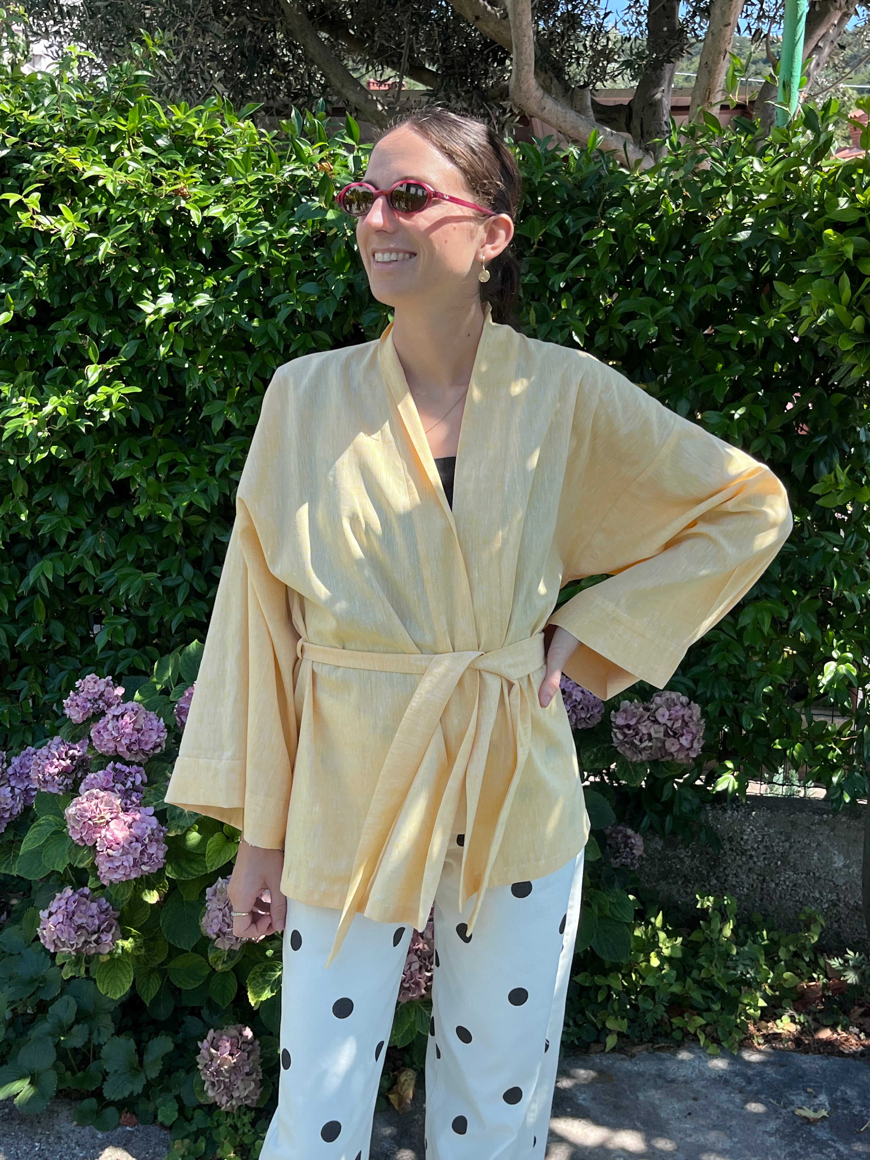 Kimono in lino giallo burro