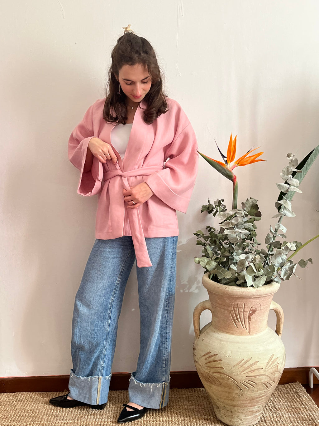 Kimono in lino Rosa Pastello