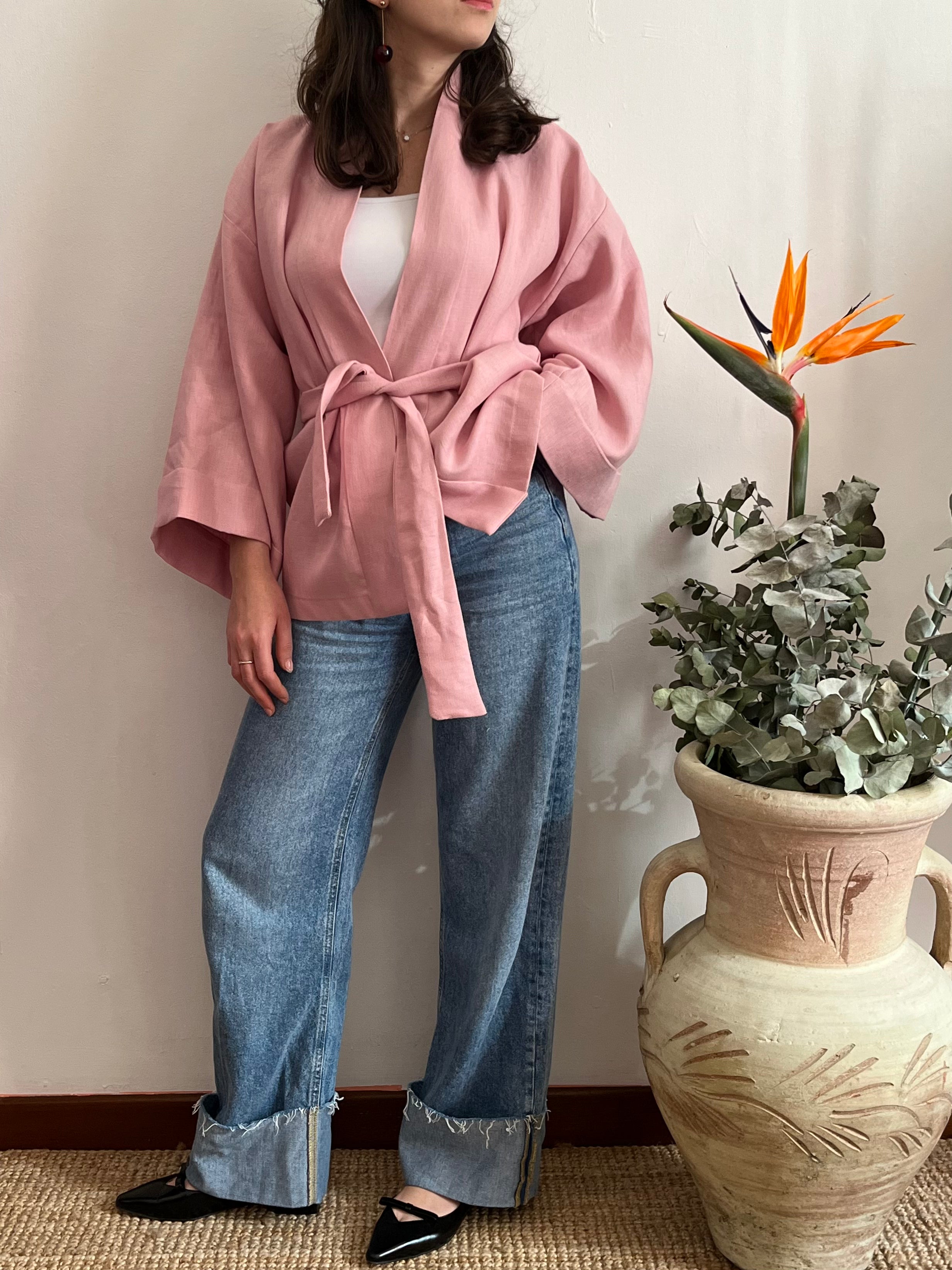 Kimono in lino Rosa Pastello