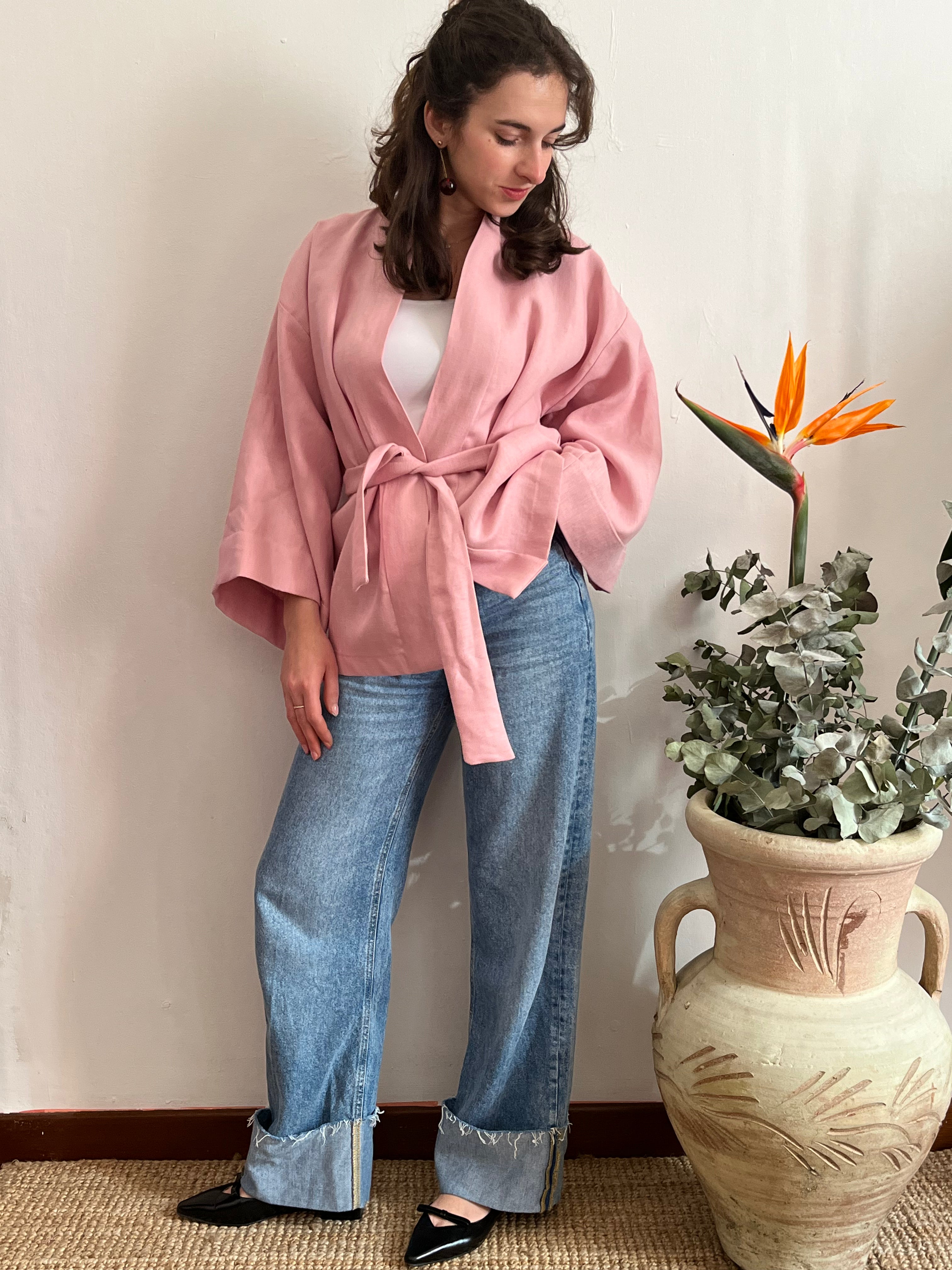 Kimono in lino Rosa Pastello