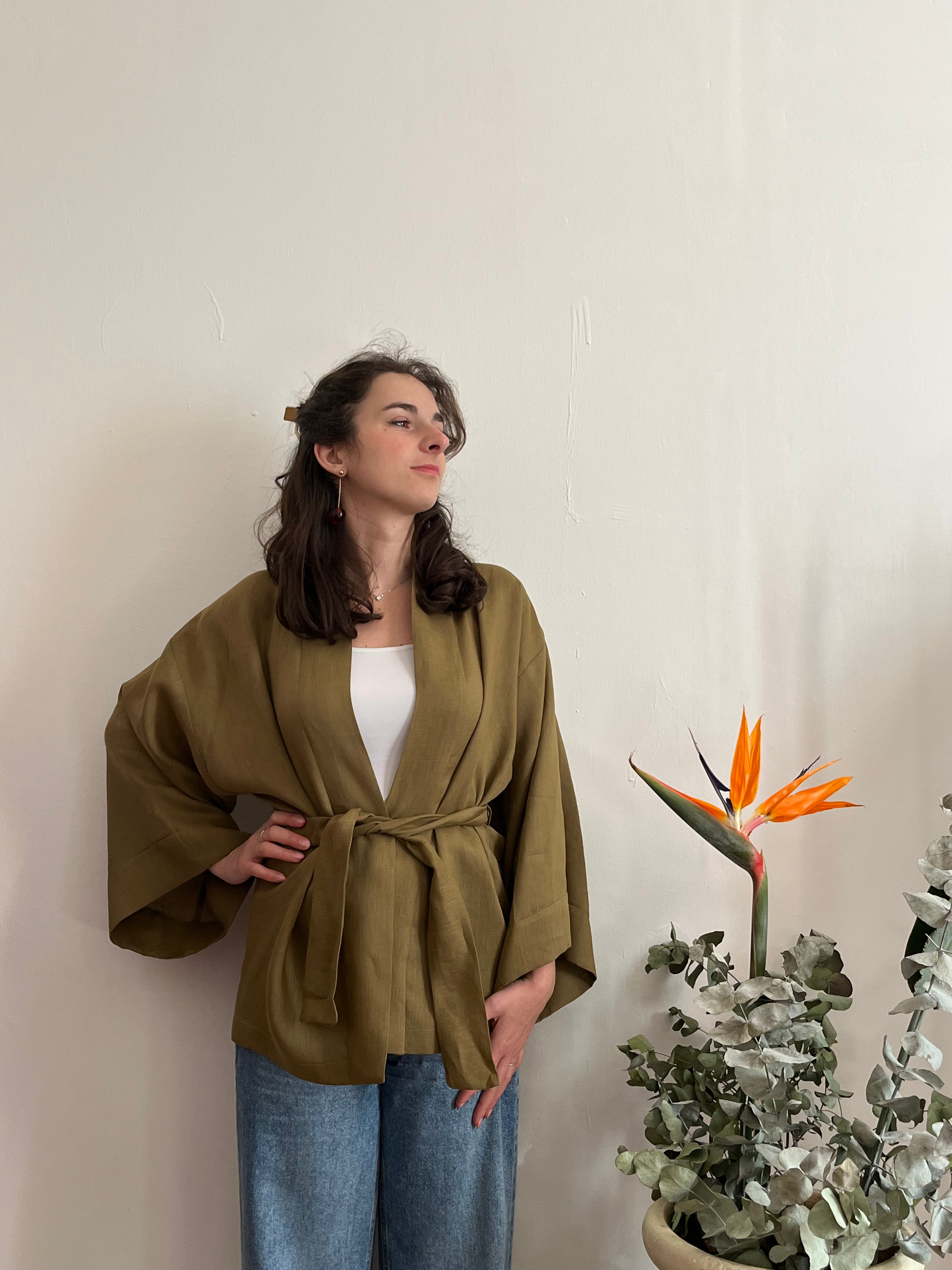 Kimono in lino Verde Oliva