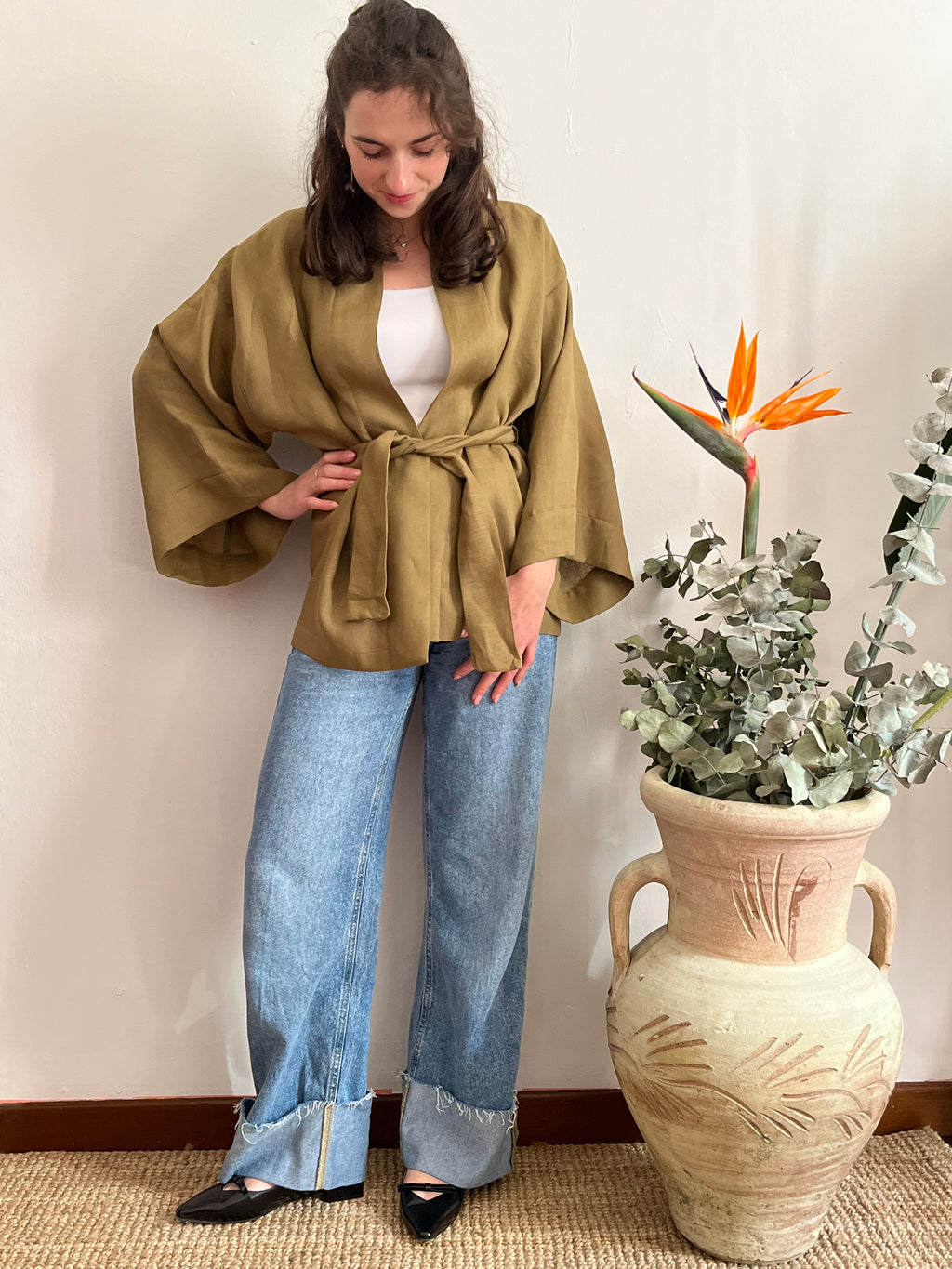Kimono in lino Verde Oliva