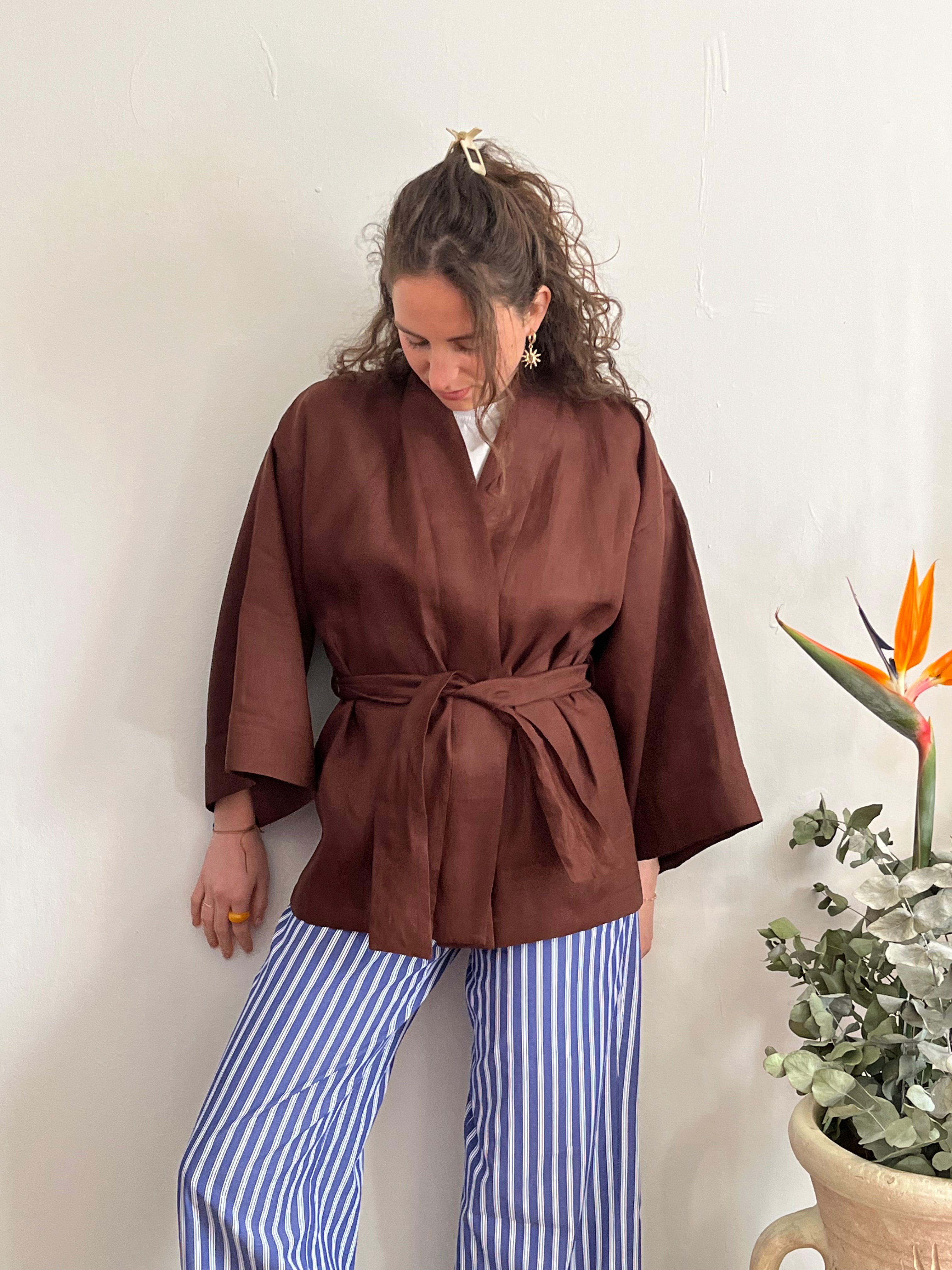 Kimono in lino Marrone