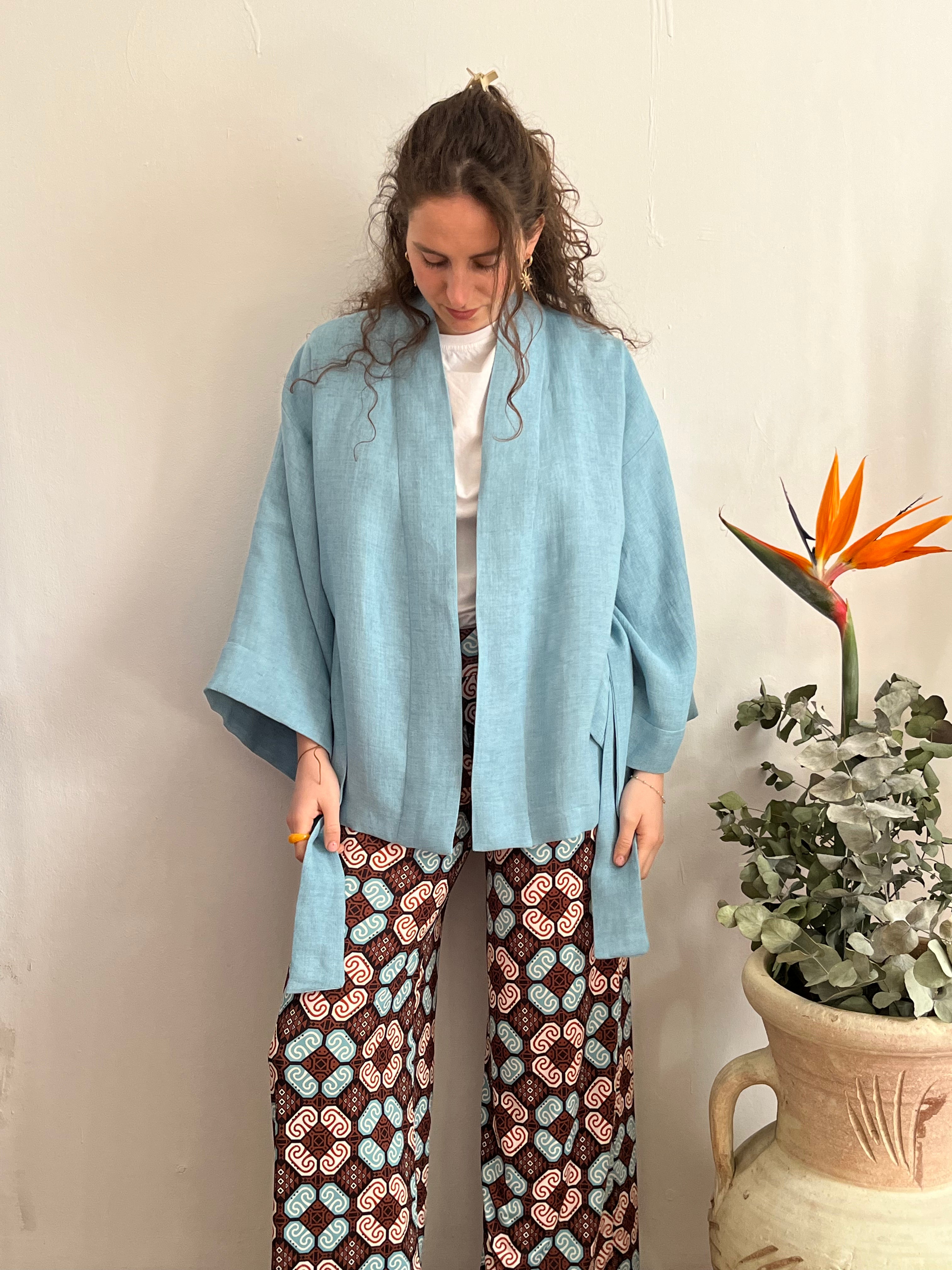 Kimono in lino Azzurro Carta da Zucchero