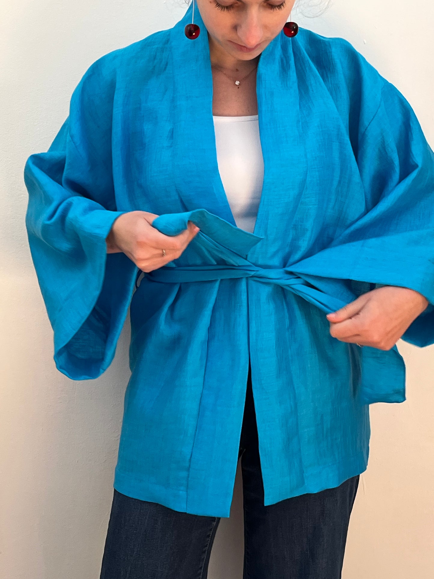 Kimono in lino Azzurro Ciano