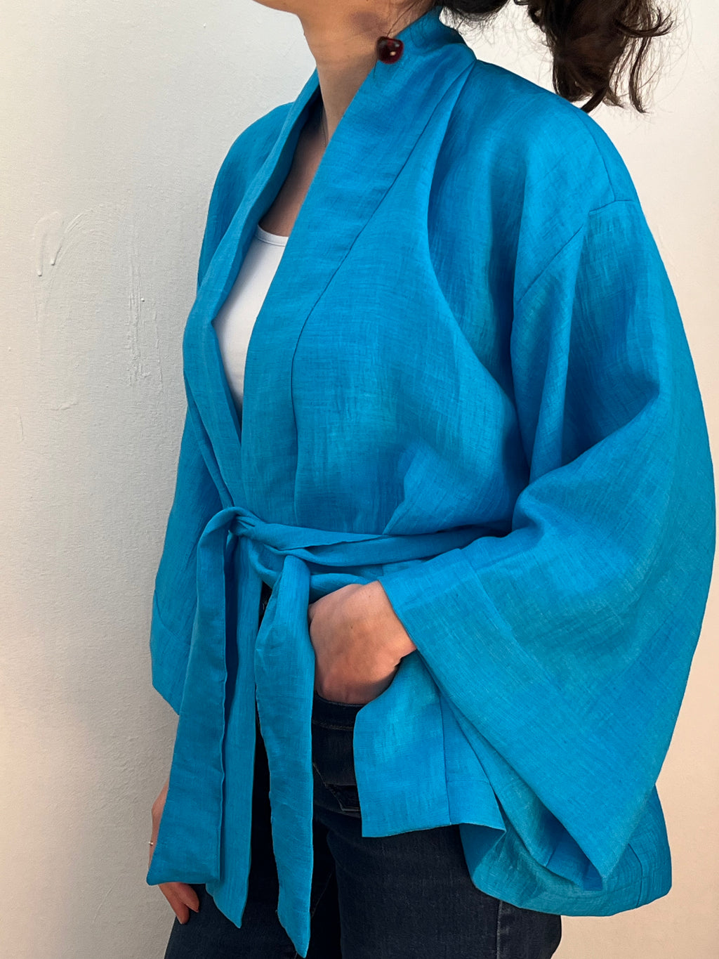 Kimono in lino Azzurro Ciano