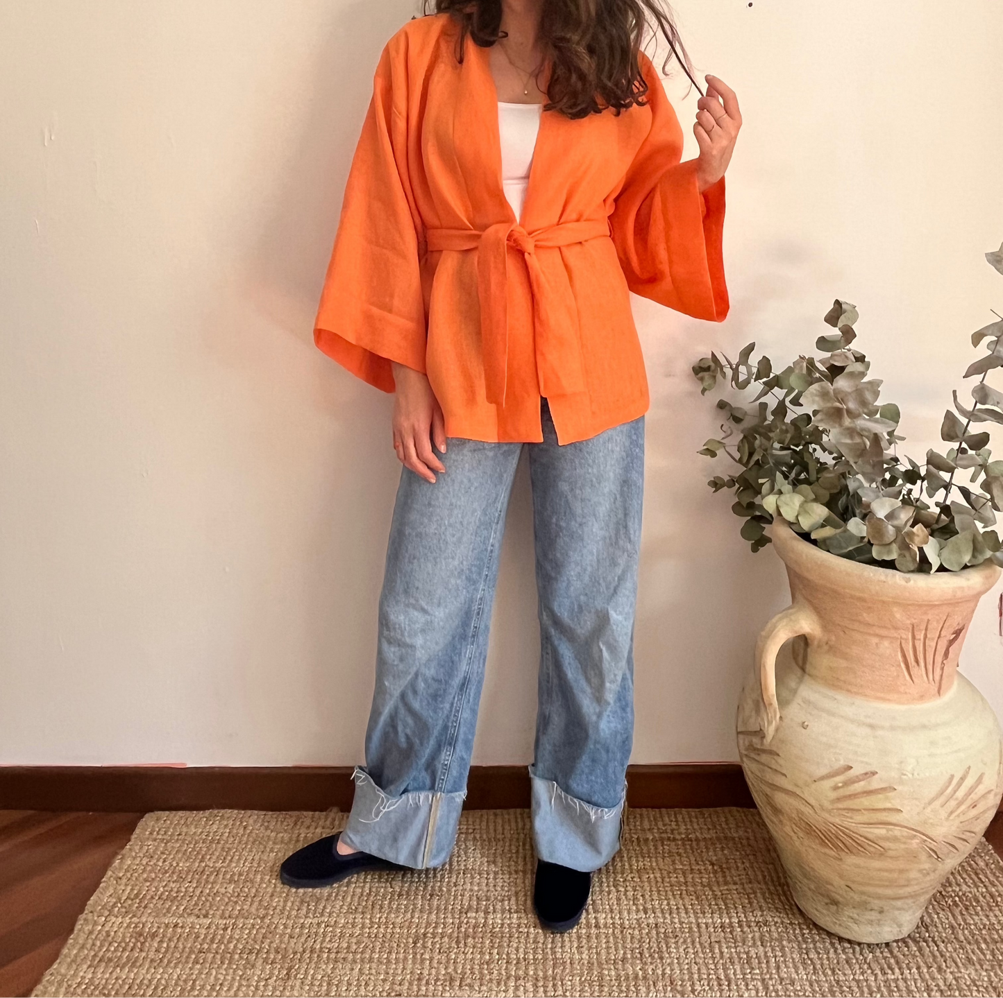 Kimono in lino papaya